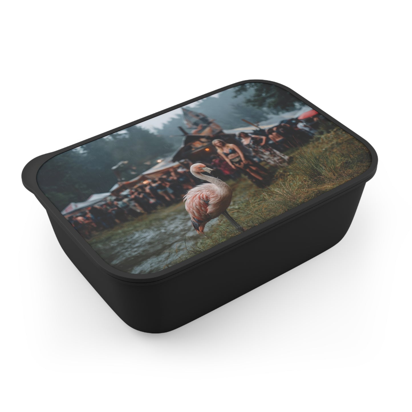 Rain-Slicked Flamingo PLA Bento Box with Band and Utensils – Forest Festival Serenity