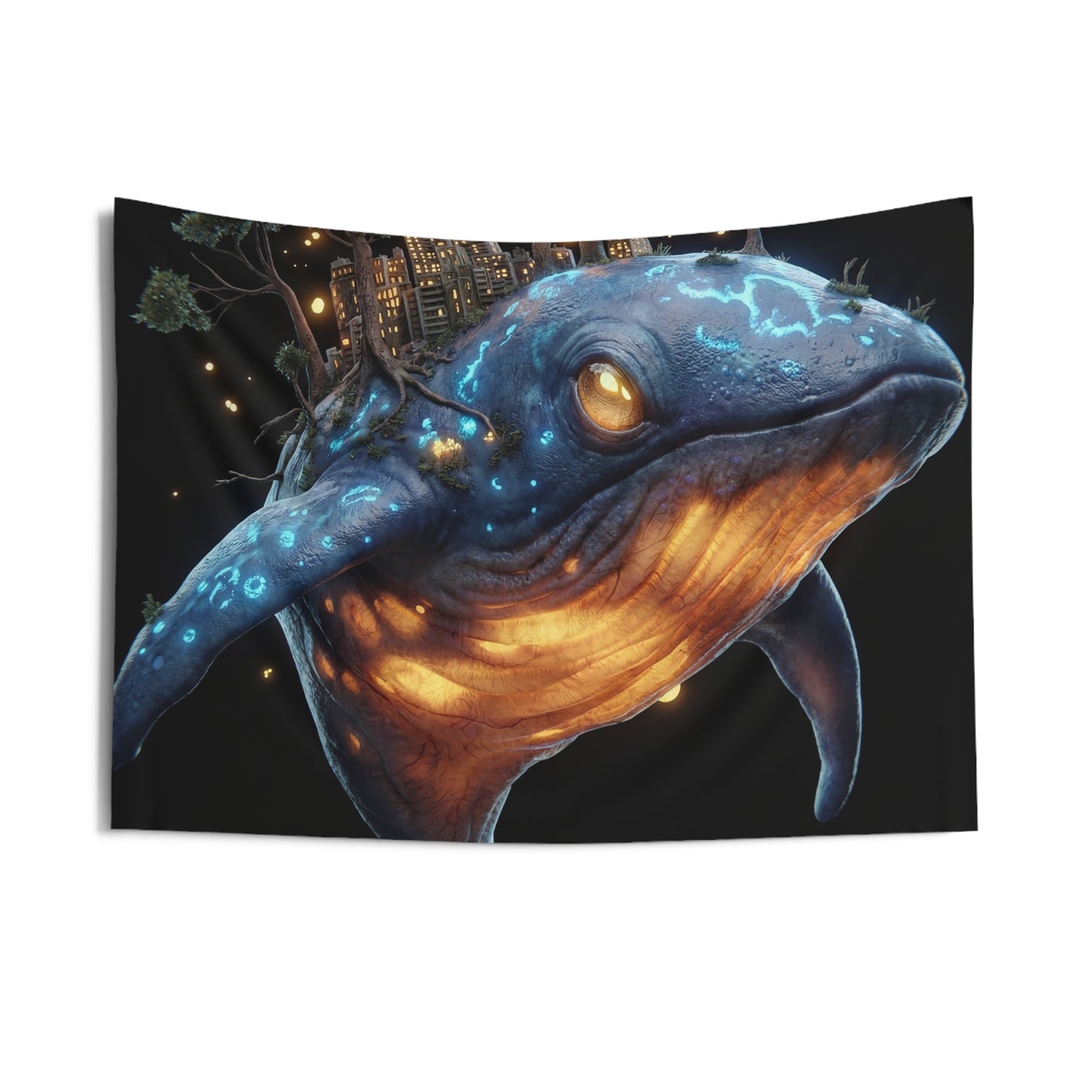 Whalesong Cityscape Indoor Wall Tapestries – Bioluminescent Ocean Guardian