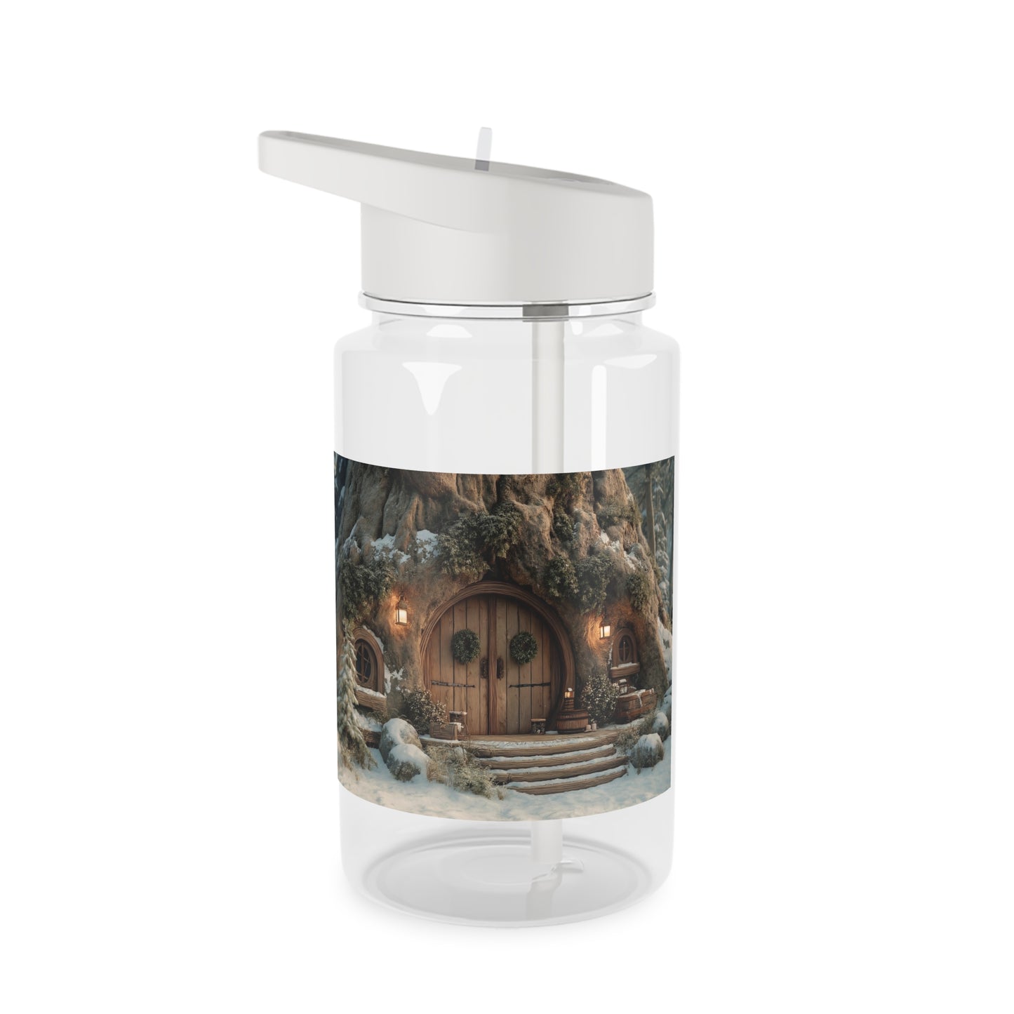 Frost-Touched Hobbit Door Tritan Water Bottle – Snowy Woodland Hearth Scene