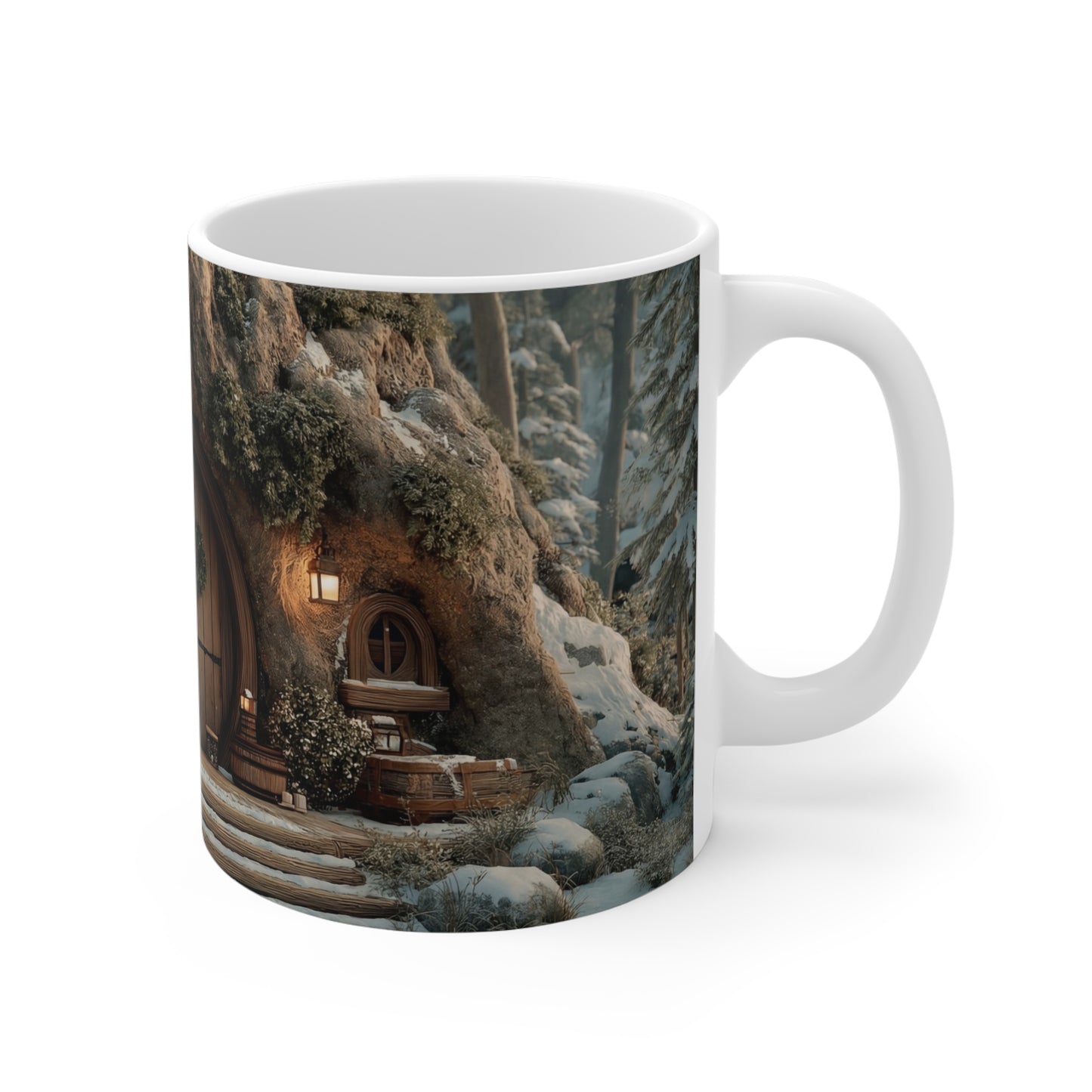 Winter Hollow Treehouse Mug – Warm Hearth Glow in Snow