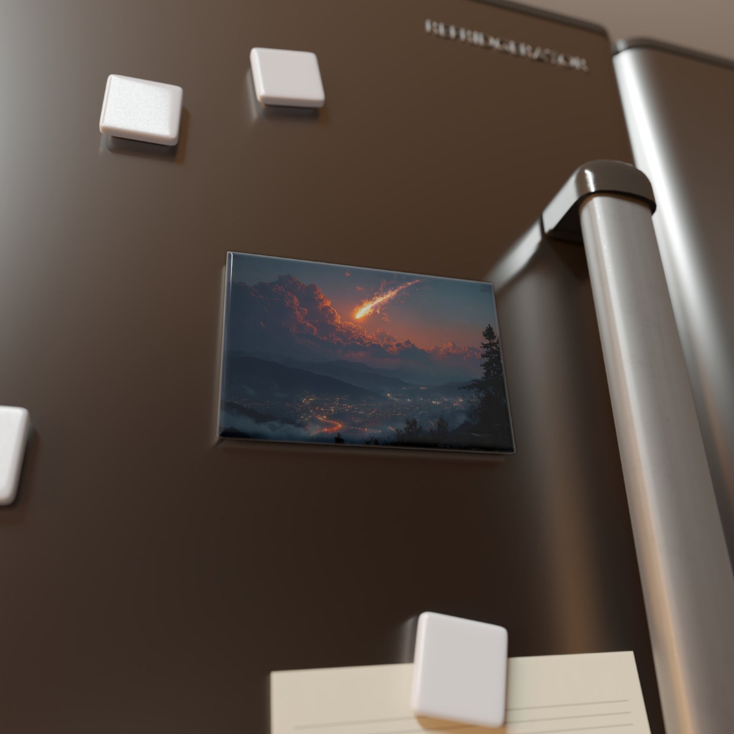 Meteor Over Valley Button Magnet, Rectangle (1 & 10 pcs) – Fiery Comet Trailing Through Twilight Clouds