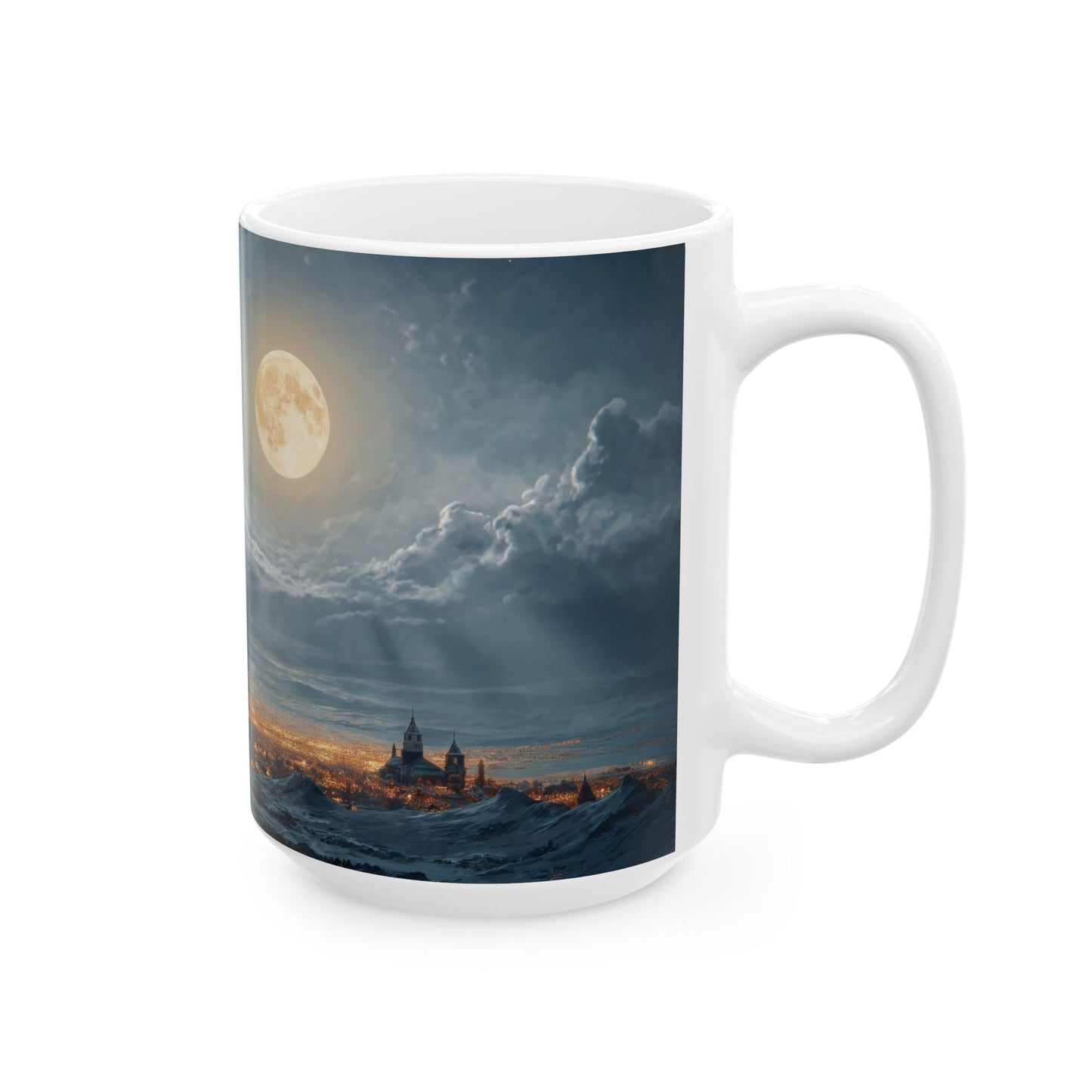 Lunar Night Flight Ceramic Mug – Frostbound City Under a Full Moon
