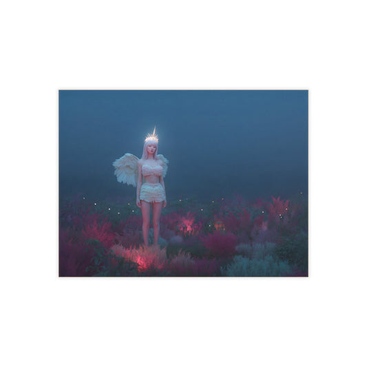 Luminescent Angel in Twilight Meadow Ceramic Photo Tile – Radiant Guardian of the Mist
