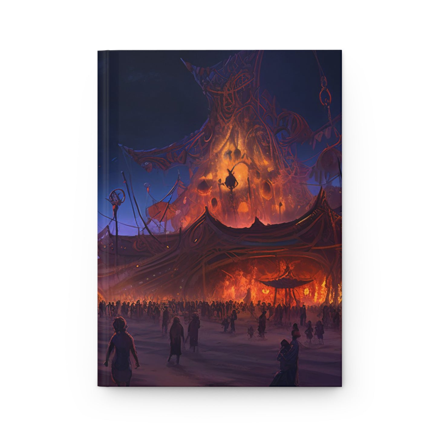 Digital painting of an awe-inspiring night scene at Burning Man, showcasing epic and intricate art installations - Hardcover Journal Matte