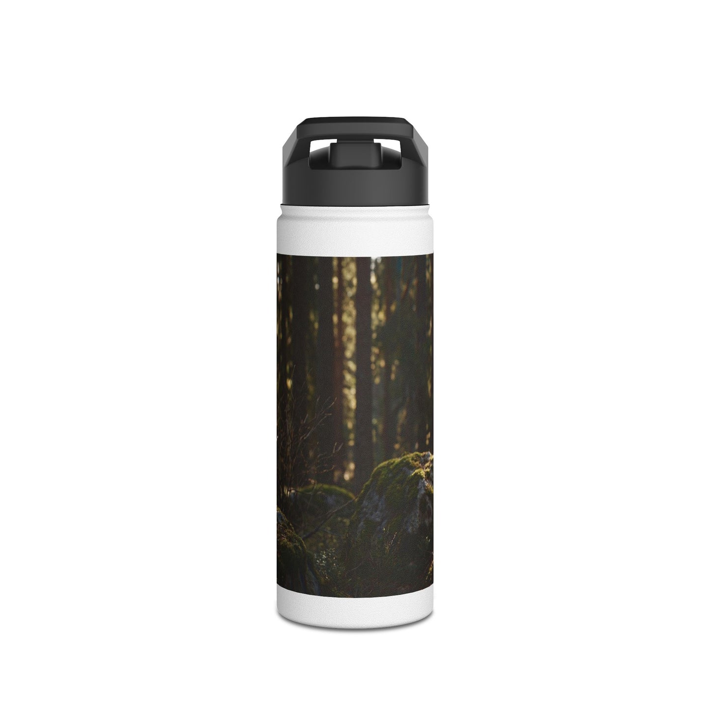 Winged Wolf in Sunlit Grove Stainless Steel Water Bottle, Standard Lid – Guardian of the Mossy Pines