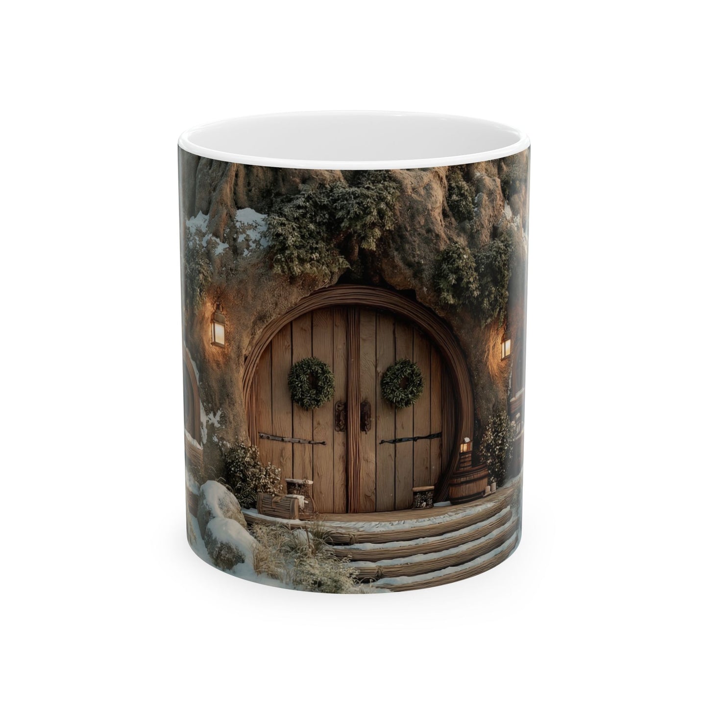 Winter Treehouse Doorway Mug – Snowbound Hearth Glow Ceramic (11oz, 15oz)