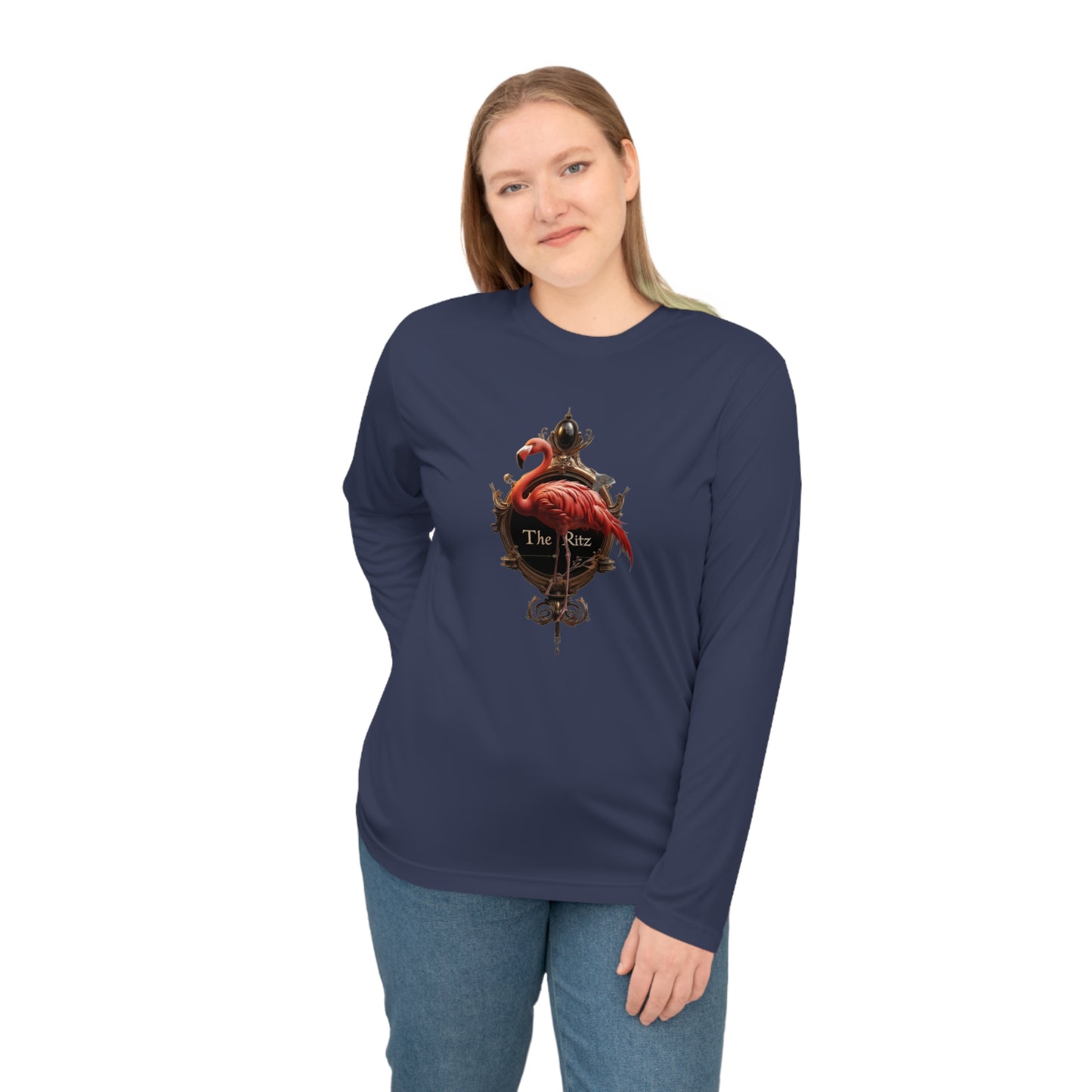 The Ritz Flamingo Unisex Performance Long Sleeve Shirt – Golden Frame Elegance