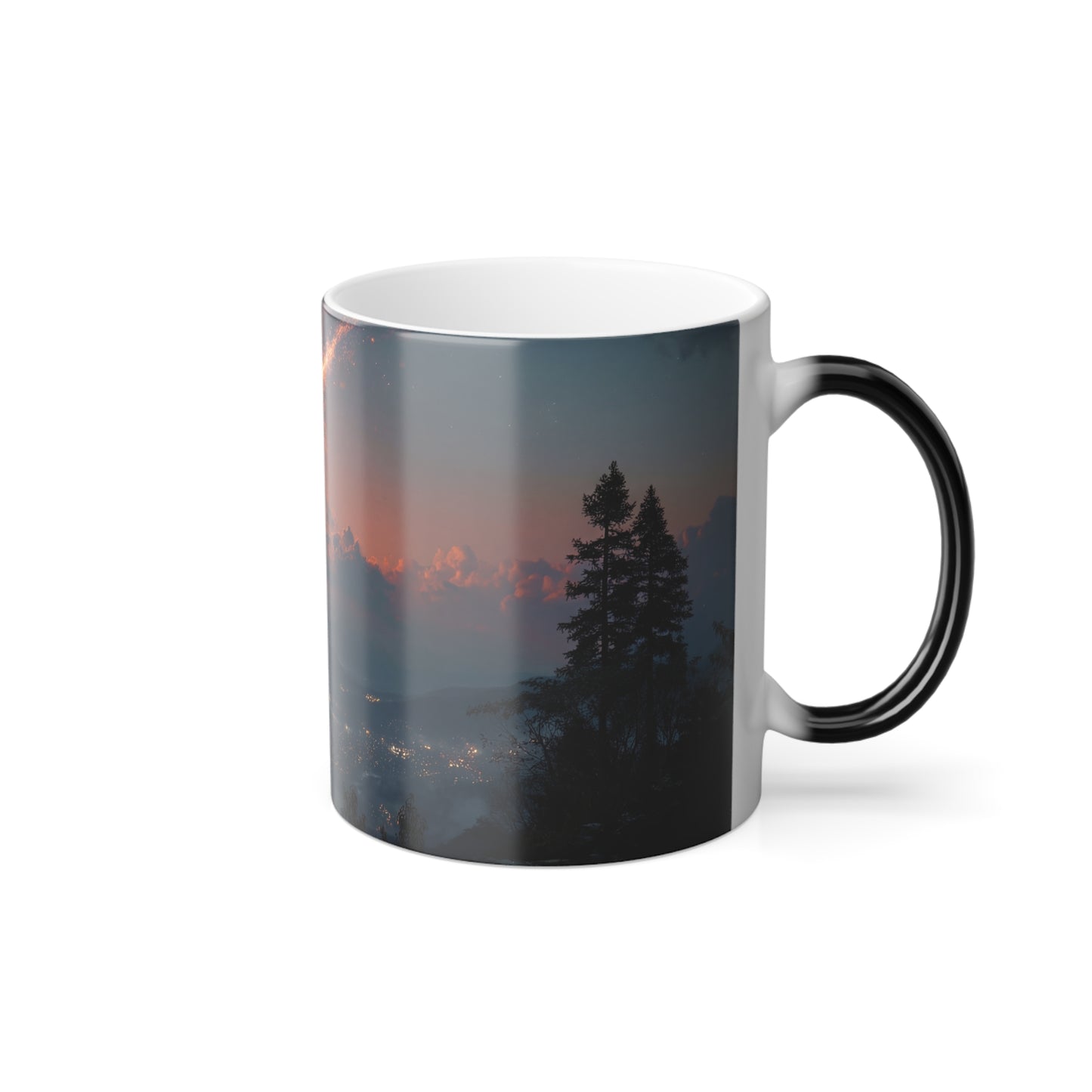 Burning Meteor Over Mountain Cityscape – Color Morphing Mug, 11oz – Dawn’s Firefall