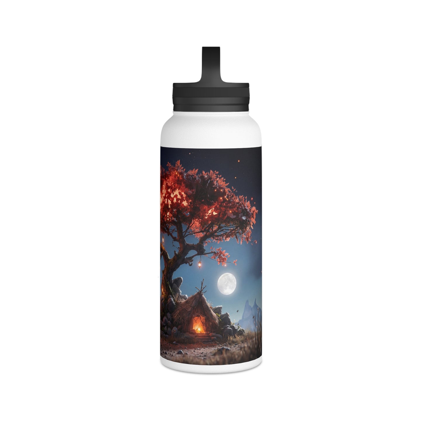 Whispering Flame Tree Stainless Steel Water Bottle, Handle Lid – Moonlit Campfire Sanctuary