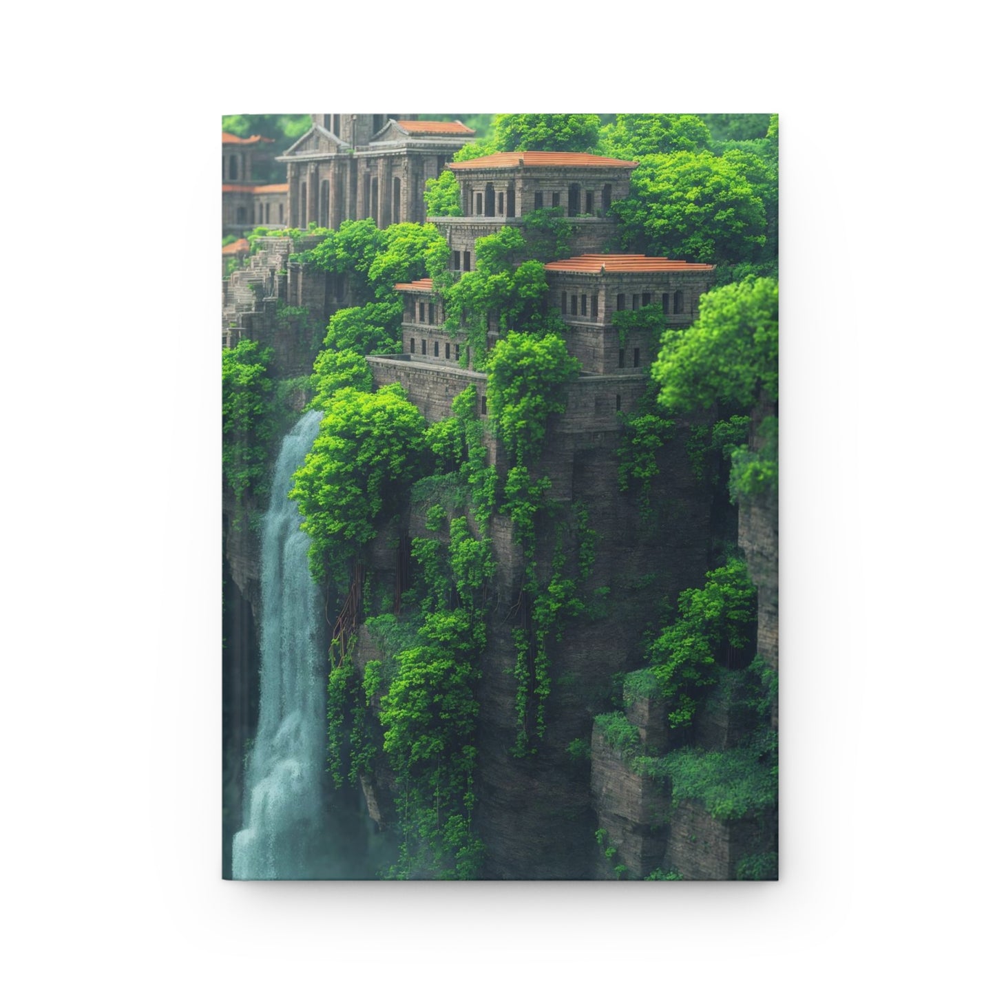 Ancient Cliffside Temple with Waterfall - Hardcover Journal