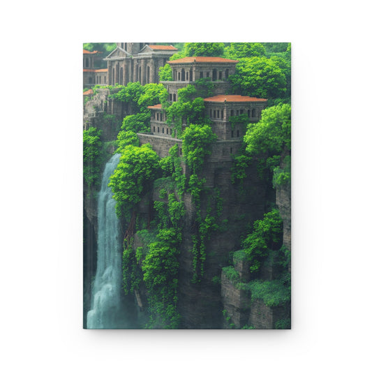 Ancient Cliffside Temple with Waterfall - Hardcover Journal