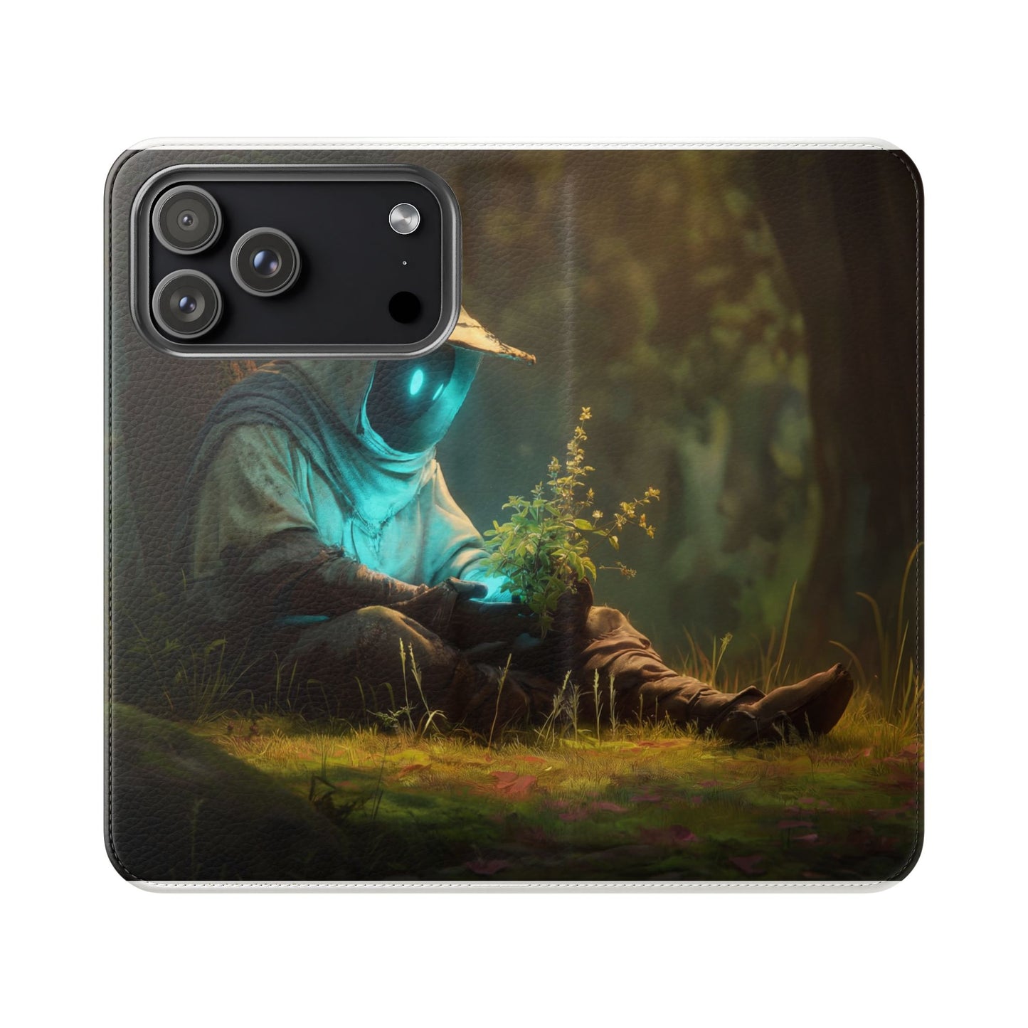 Glowing Orb Hooded Guardian Flip Cases – Bioluminescent Forest Keeper
