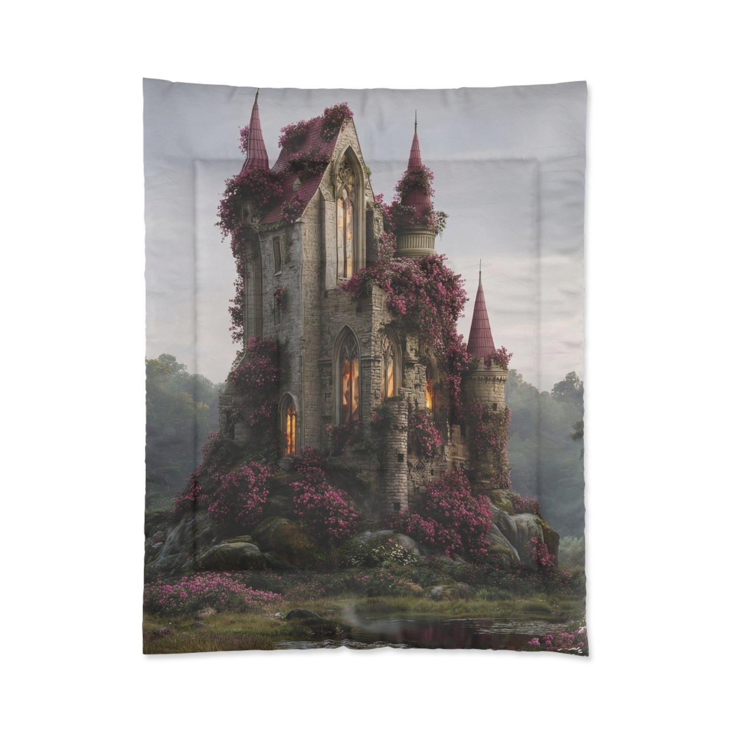 Rose-Spangled Castle Comforter – Whispering Dawn in the Wildwood