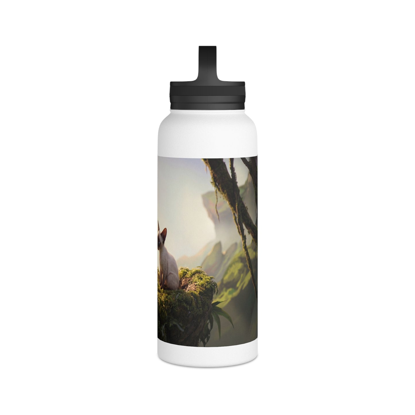 Winged Siamese Kittens Stainless Steel Water Bottle, Handle Lid – Morning Light in the Ancient Grove