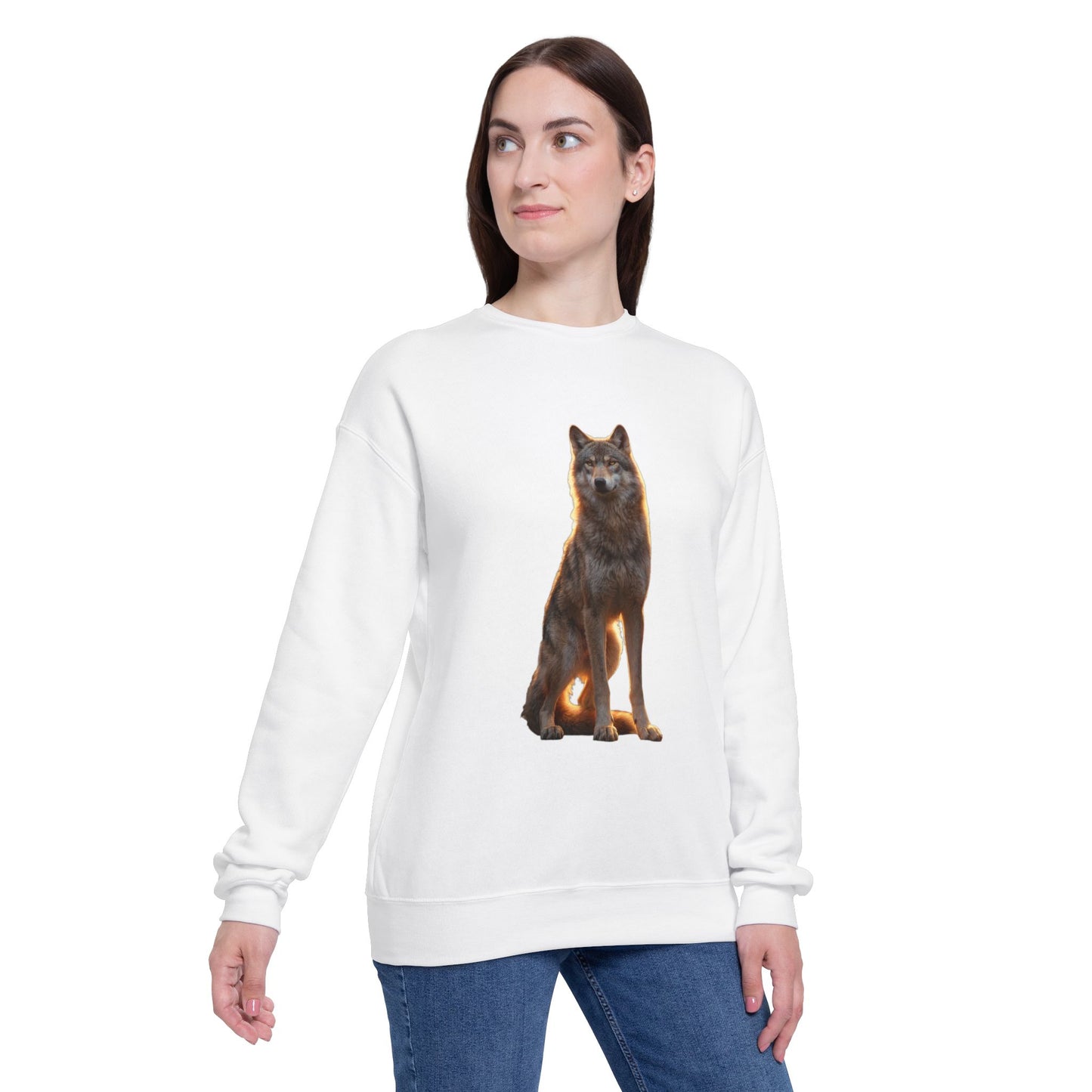 Sentinel Wolf Unisex Drop Shoulder Sweatshirt – Amber Light Guardian Portrait
