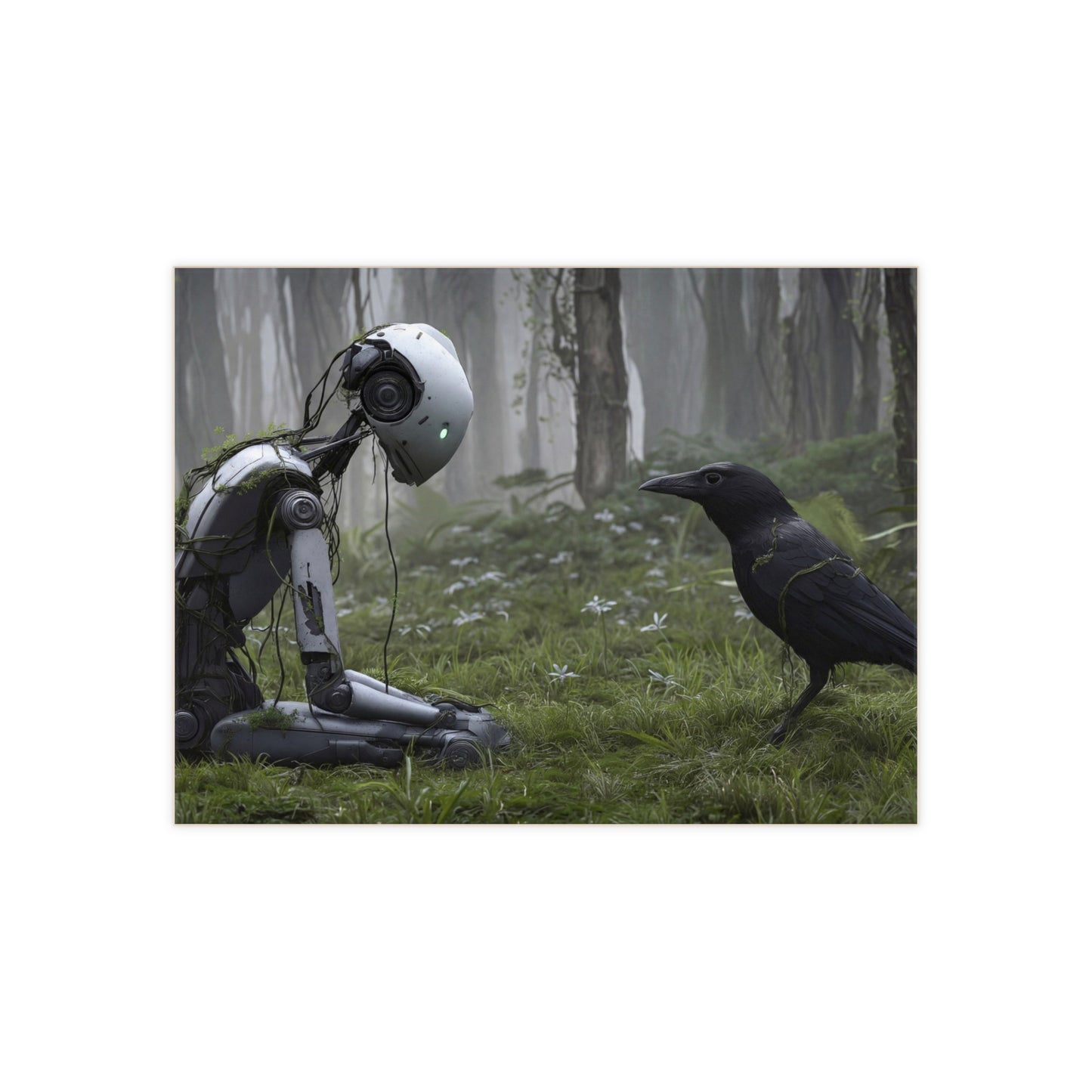 Forest Oracle Ceramic Photo Tile – Rustic Robot and Raven Dialogue