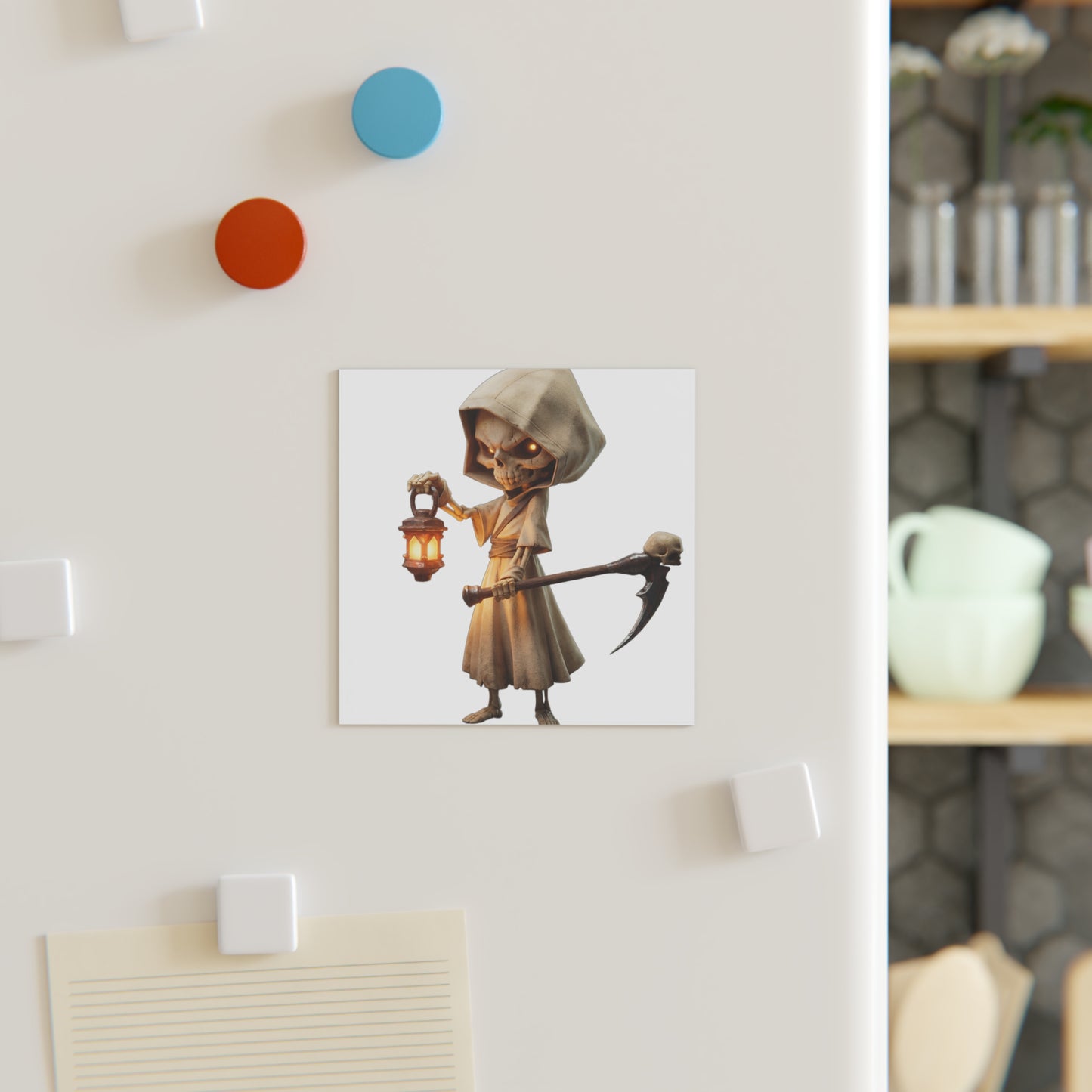 Lantern-Bearing Sentinel Square Magnet – Hooded Skeleton Guardian