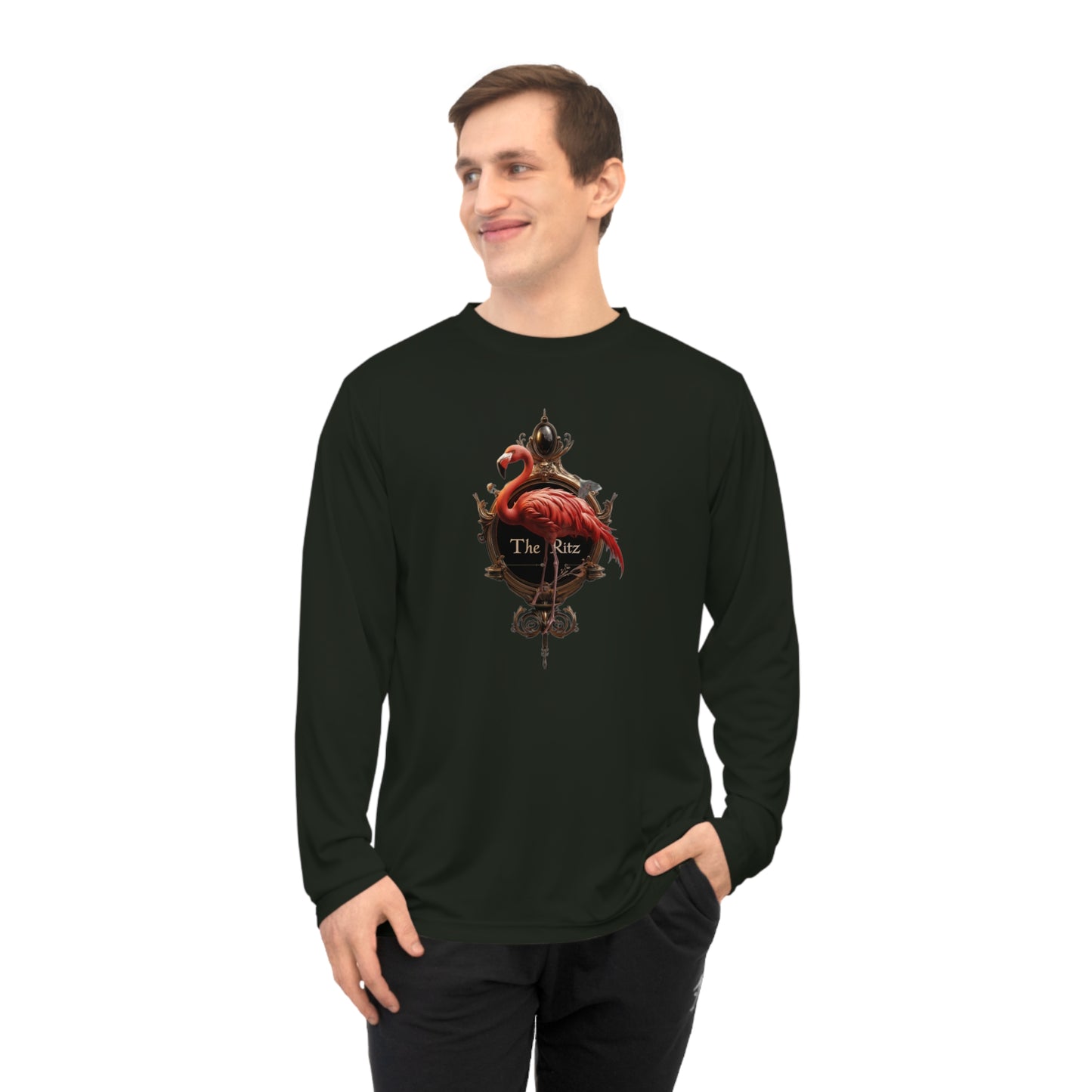 The Ritz Flamingo Unisex Performance Long Sleeve Shirt – Golden Frame Elegance