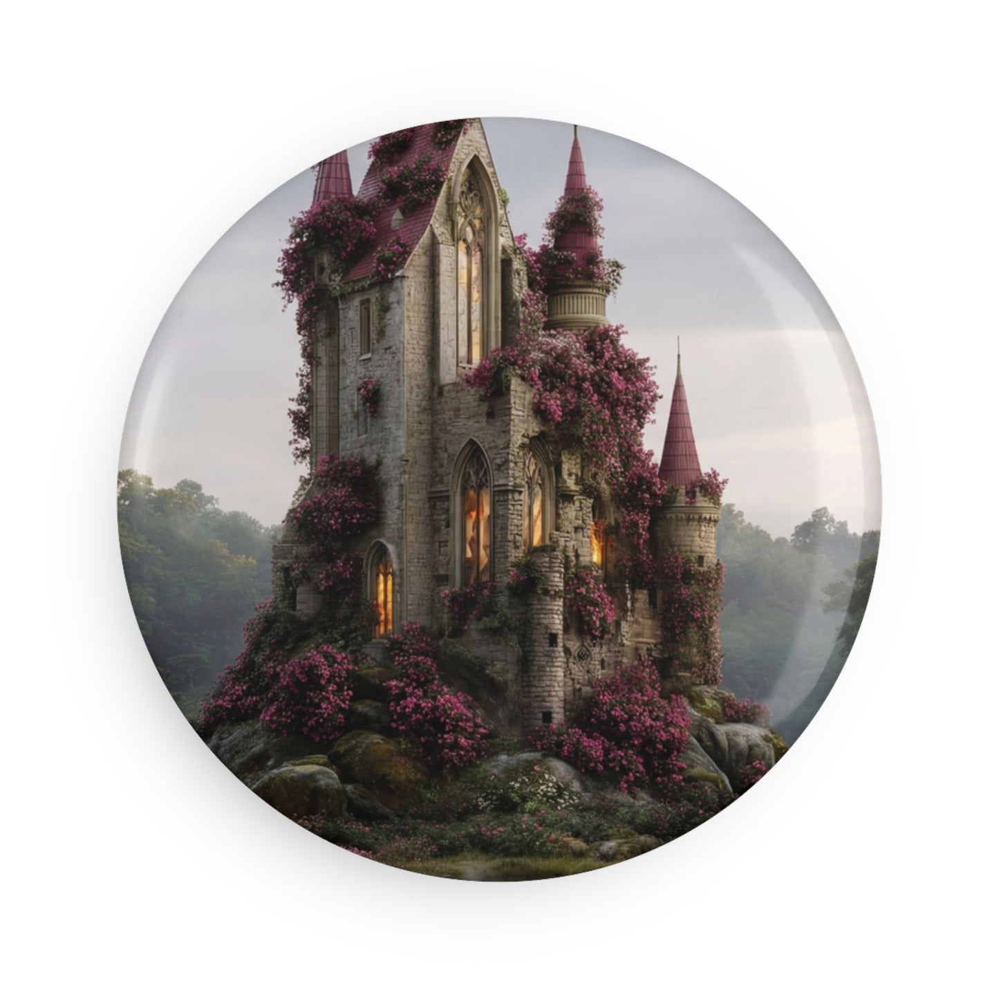 Blooming Castle Button Magnet, Round (1 & 10 pcs) – Whispers of the Pink Garden