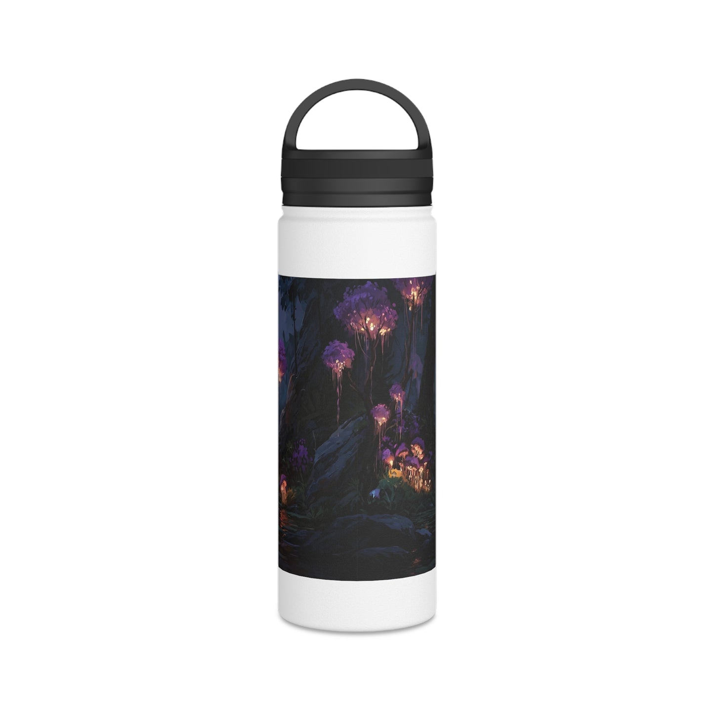 Bioluminescent Grove Stainless Steel Water Bottle, Handle Lid – Twilight’s Whispering Waterscape