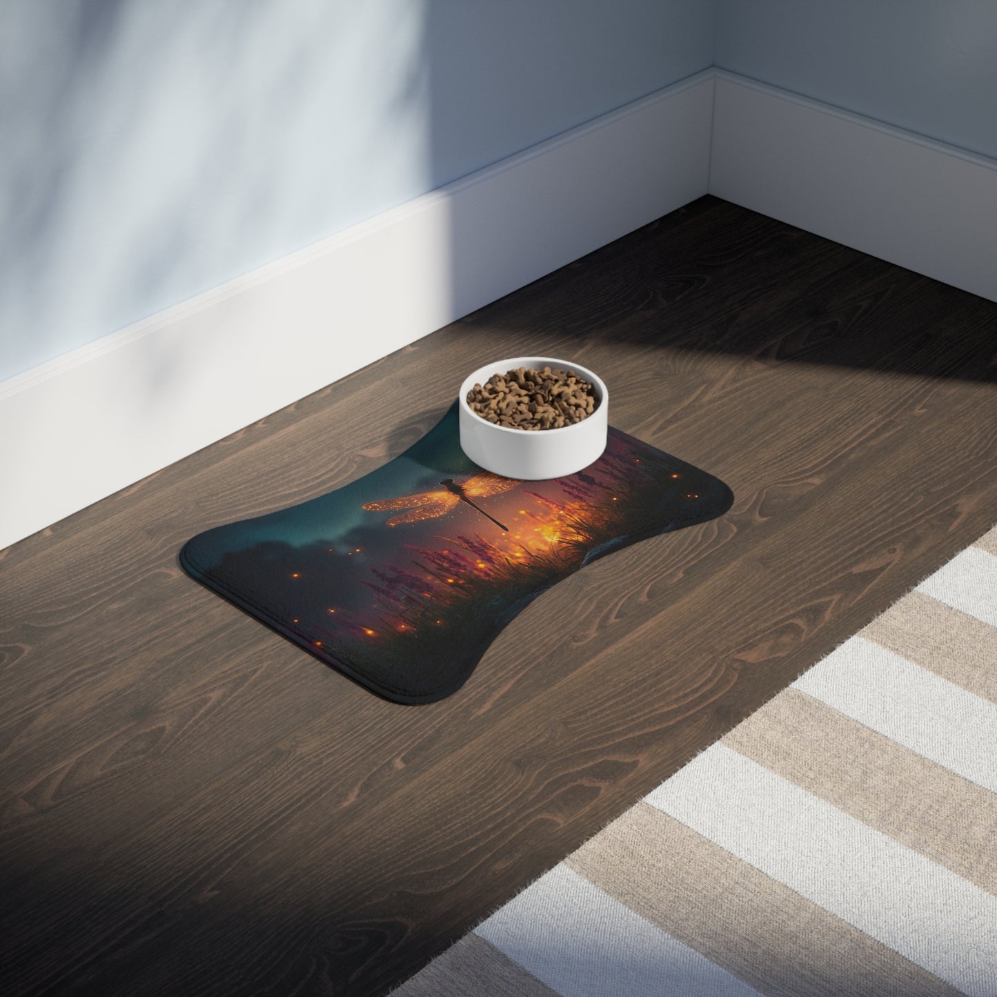 Glowing Dragonfly Pet Feeding Mats – Twilight Meadow Dreamscape