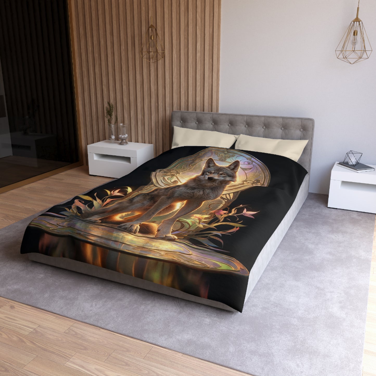 Regal Wolf Throne Duvet Cover – Golden Light Through Art Nouveau Arch
