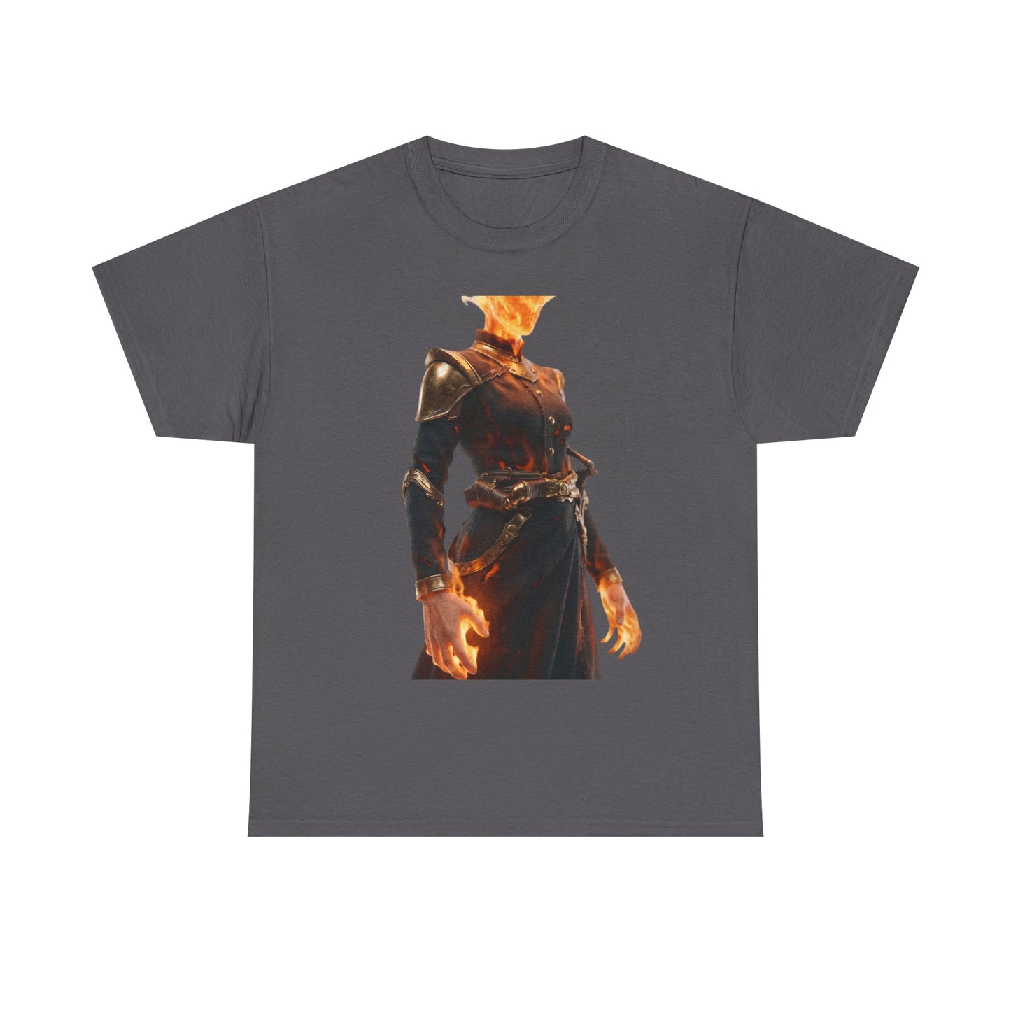 Flame-Headed Sentinel Unisex Heavy Cotton Tee – Gilded Armor & Burning Embers