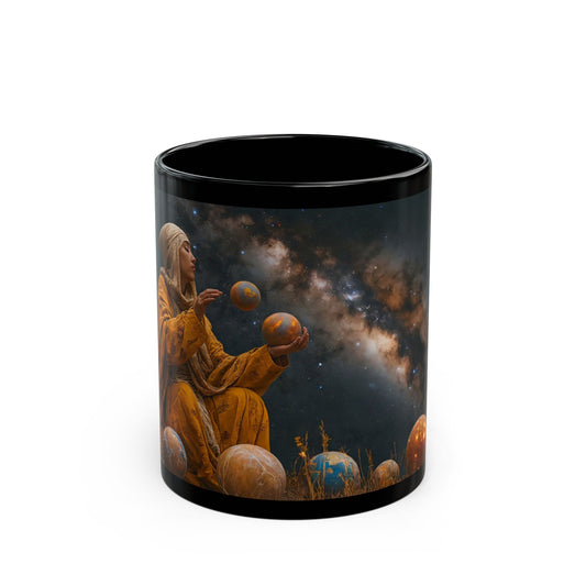 Celestial Weaver Black Mug – Cosmic Threads in Amber Robes