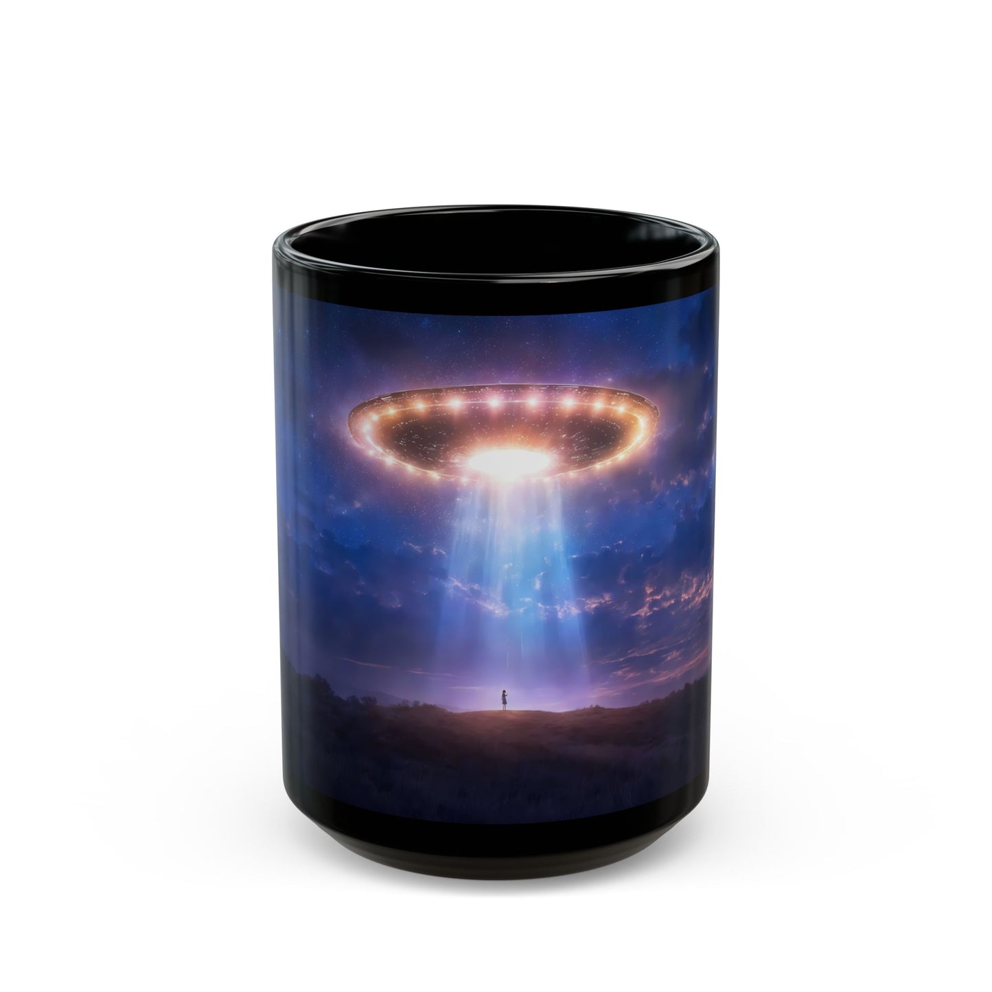 UFO Encounter Black Mug – Celestial Beam & Silhouette Nightscape