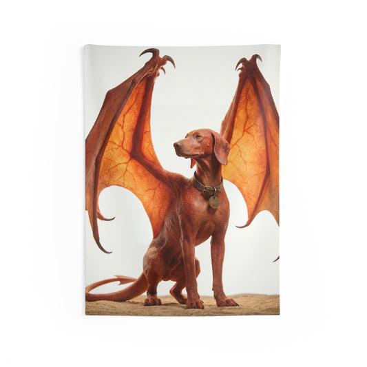 Winged Canine Sentinel Indoor Wall Tapestries – Amber Glow Against Soft Sky