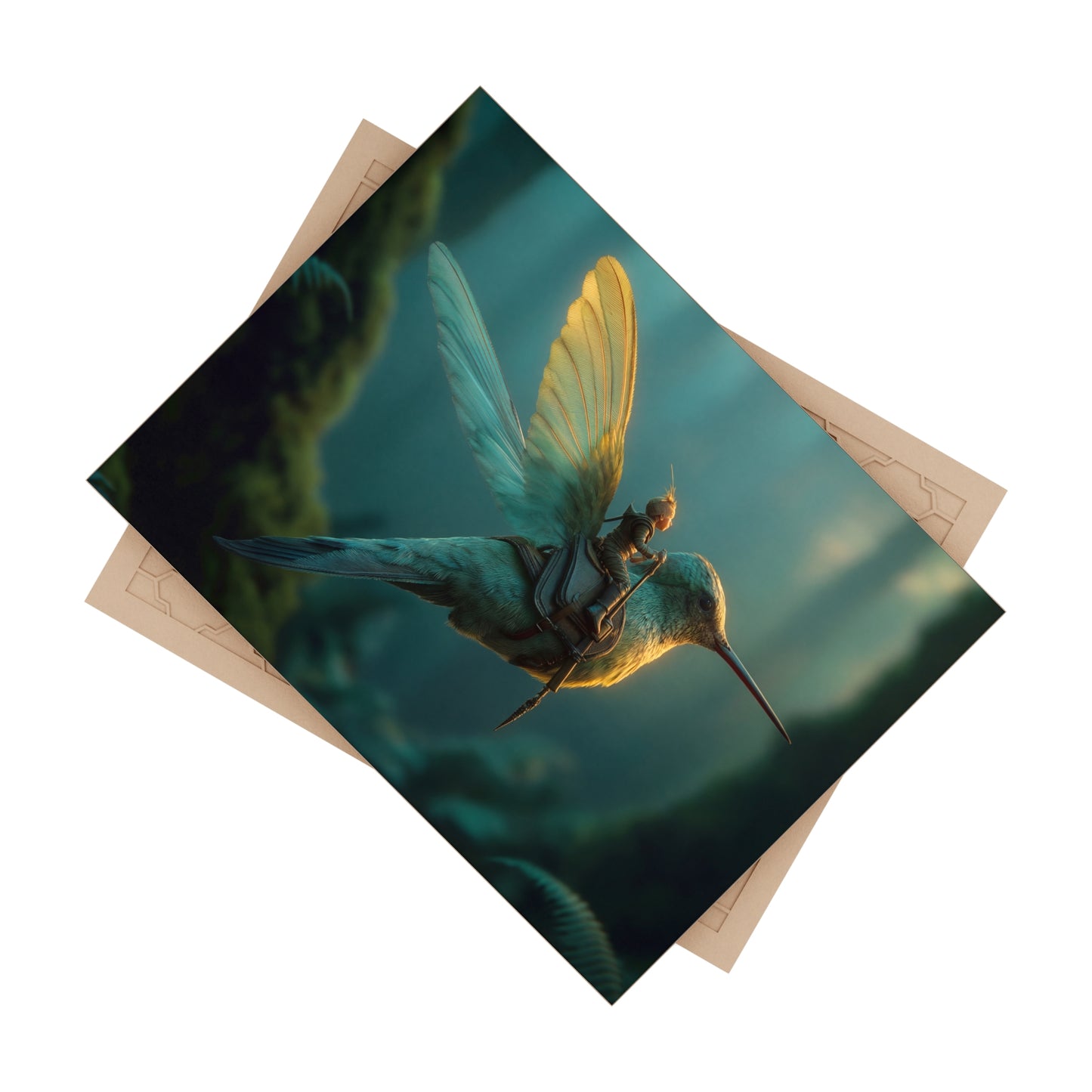 Tiny Knight on Hummingbird Ceramic Photo Tile – Sunlit Forest Ride