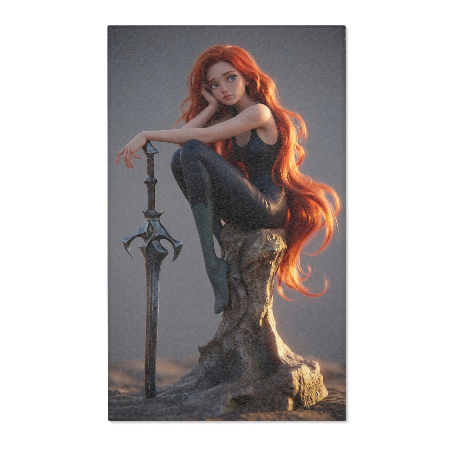Red-Haired Sentinel Area Rug – Sunset Warrior’s Resting Place