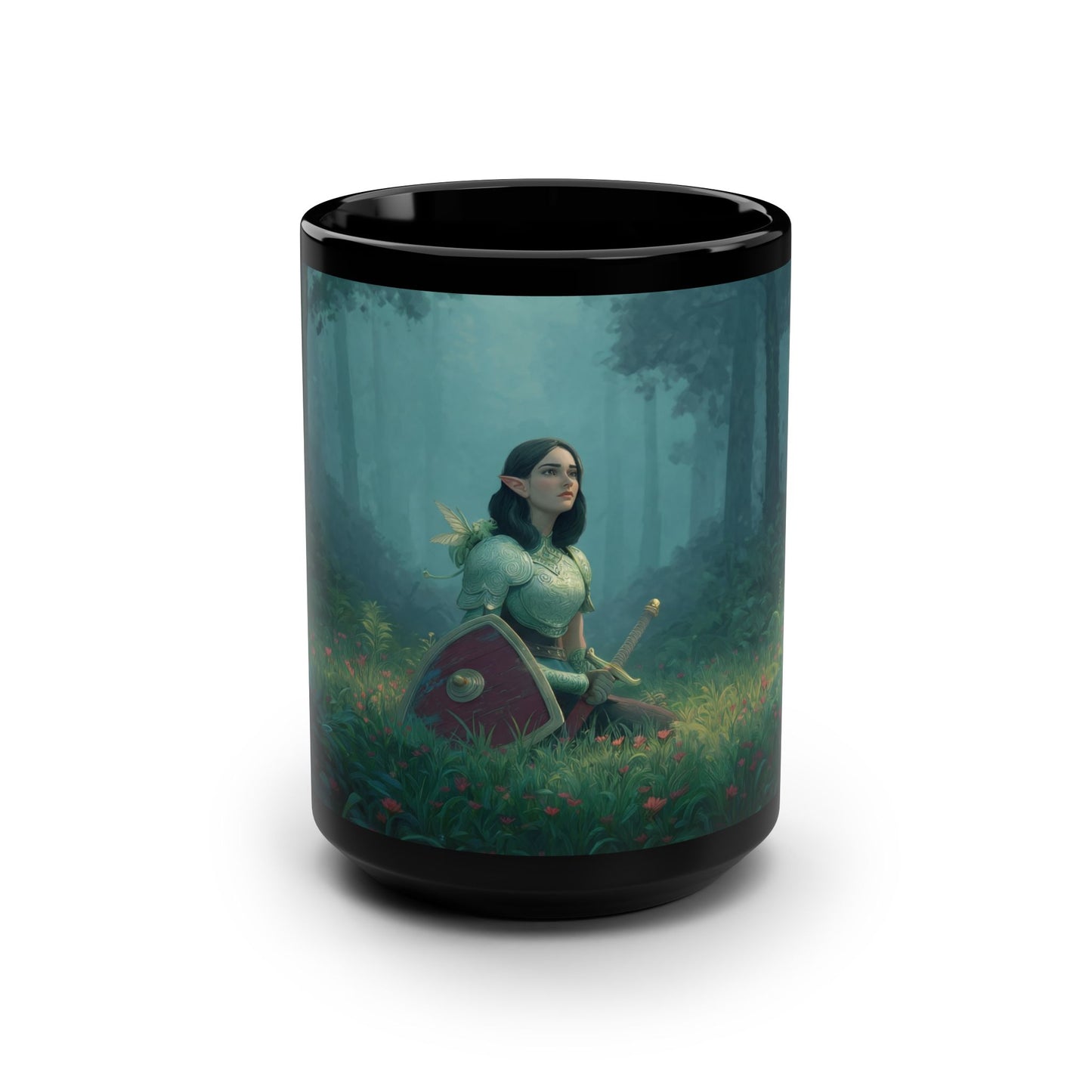 Elf Sentinel Guardian Black Mug, 15oz – Misty Forest Watcher