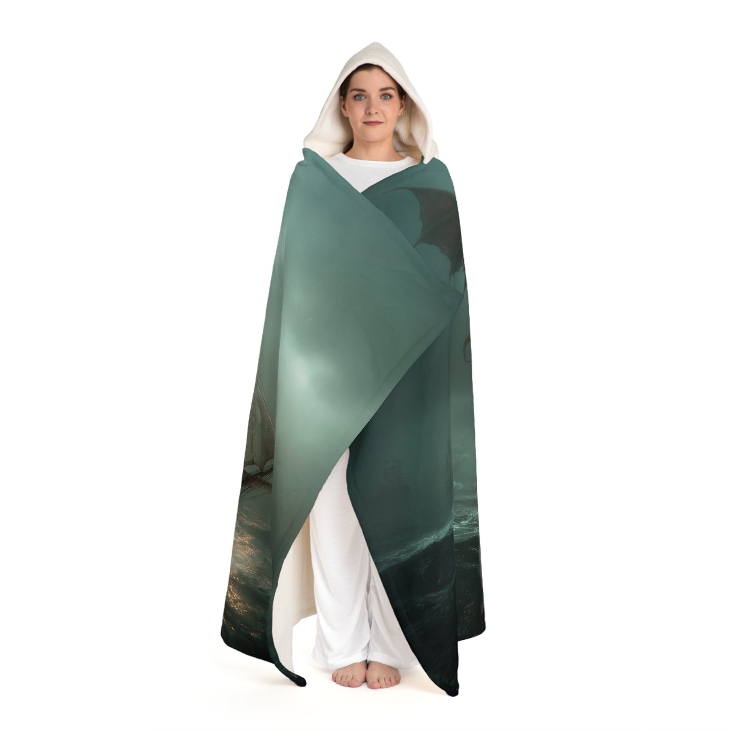 Crimson Leviathan Hooded Sherpa Fleece Blanket – Stormy Seas Guardian Tapestry