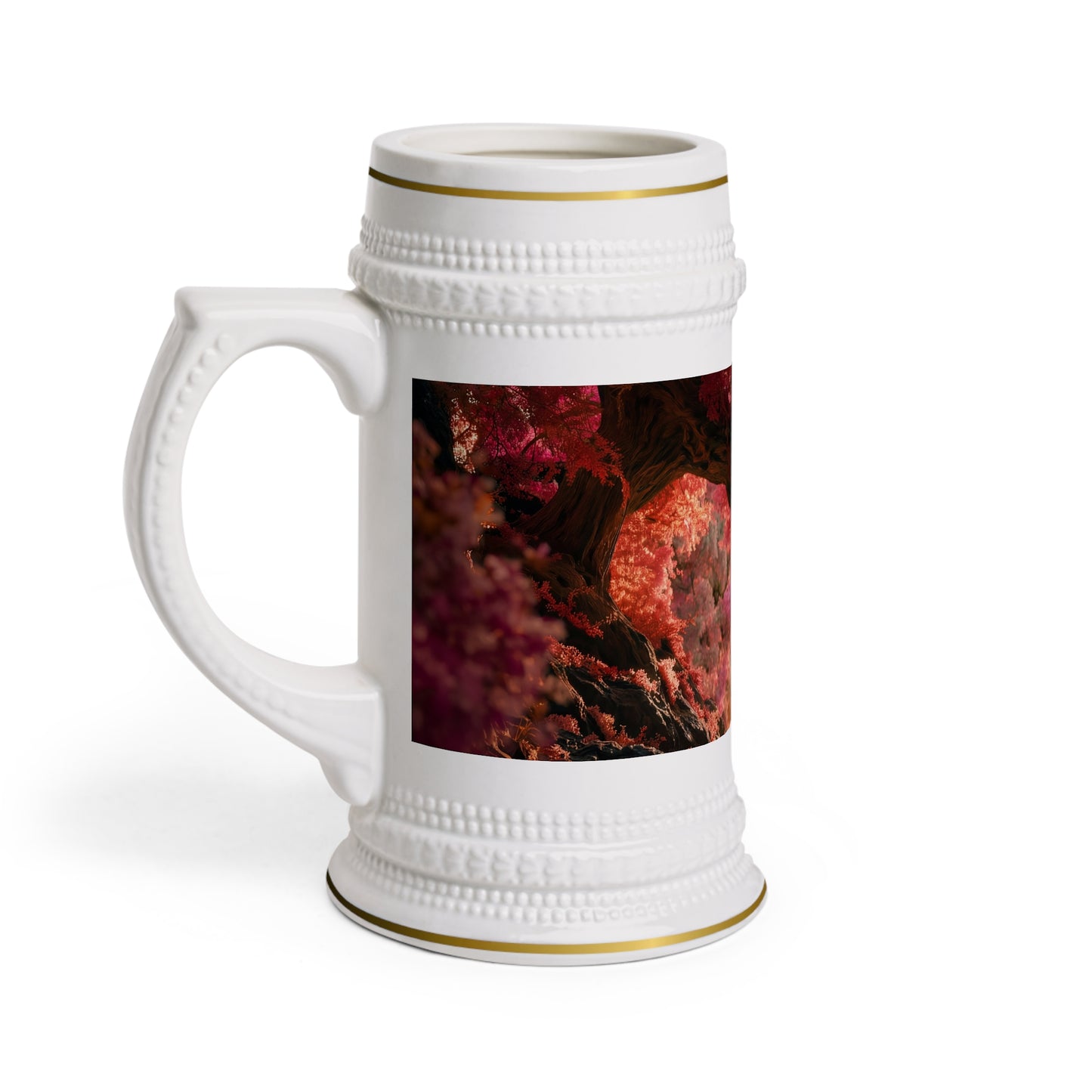 Crimson Canopy Stein Mug – Heart-Shaped Forest Romance