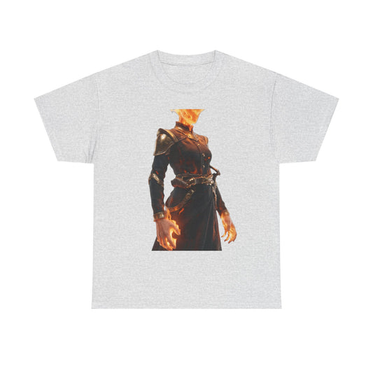 Flame-Headed Sentinel Unisex Heavy Cotton Tee – Gilded Armor & Burning Embers