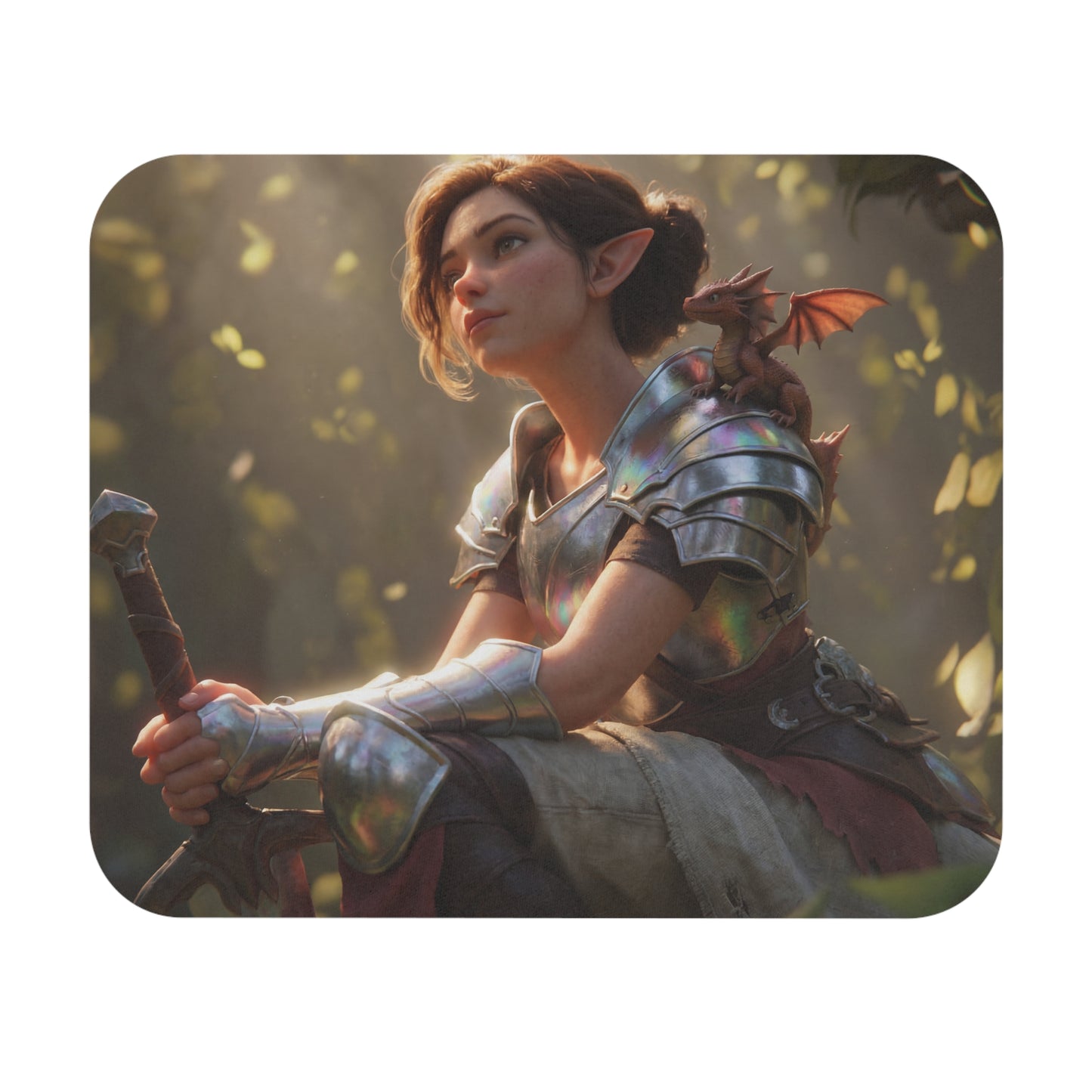 Elven Sentinel Mouse Pad – Sunlit Grove with Tiny Dragon Companion
