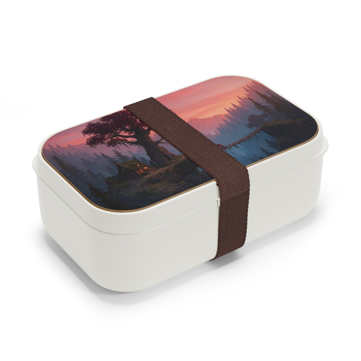 Crimson Sentinel Bento Lunch Box – Sunset Sanctuary Over the Misty Chasm