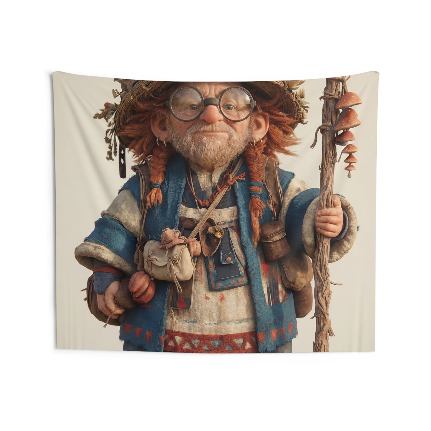Wandering Herbalist Tapestry – Sunlit Forest Wanderer with Mushroom Staff