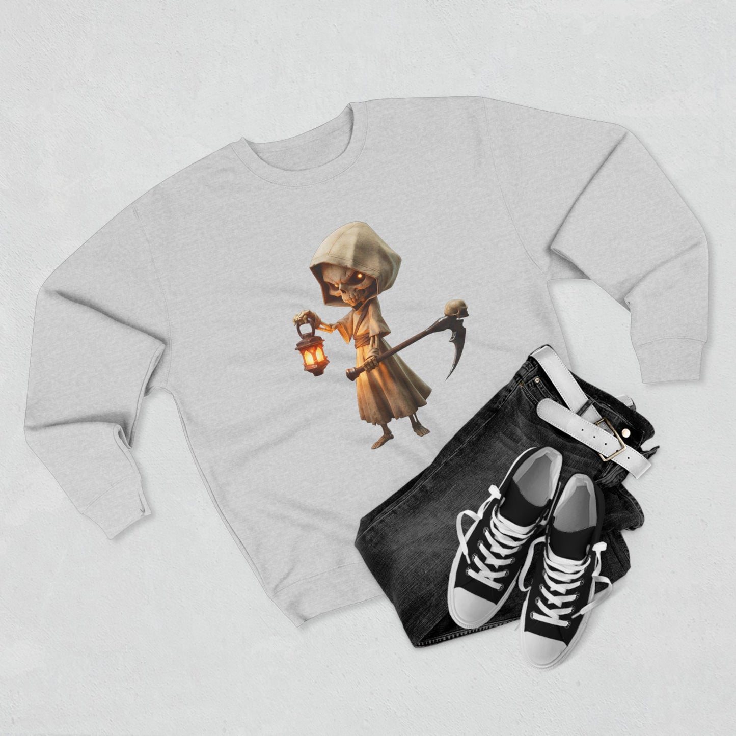 Lantern Bearer Hooded Skeleton Crewneck Sweatshirt – Warm Glow Guardian Art