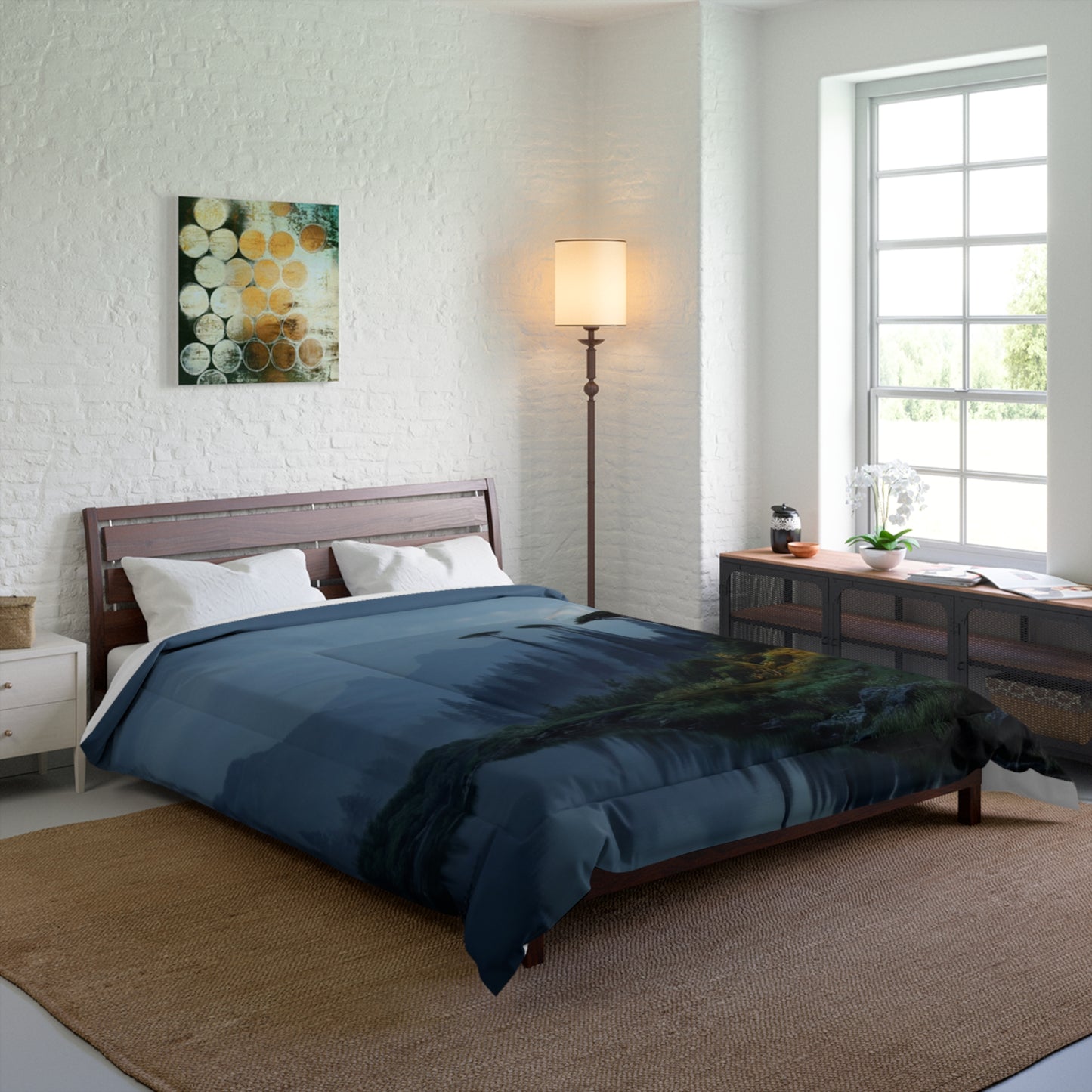 Moonlit Mountain Cabin Comforter – Warm Hearth Glow Amidst Whispering Peaks
