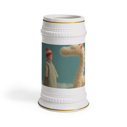 Knitted Child and Felt Dragon Stein Mug – Cozy Cloudside Guardian Scene