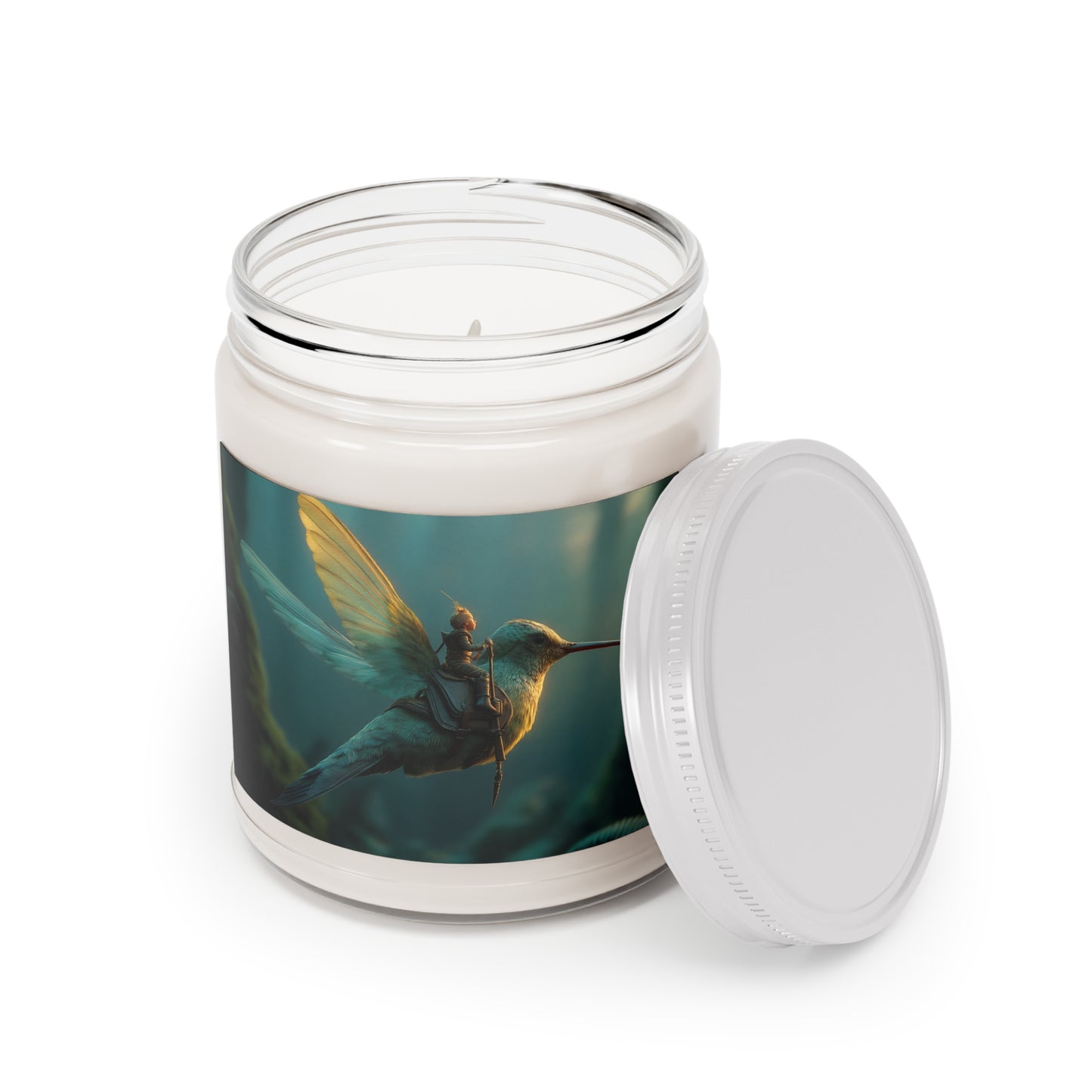 Tiny Knight on Hummingbird Scented Soy Candles with White Lid, 9oz – Sunlit Forest Ride