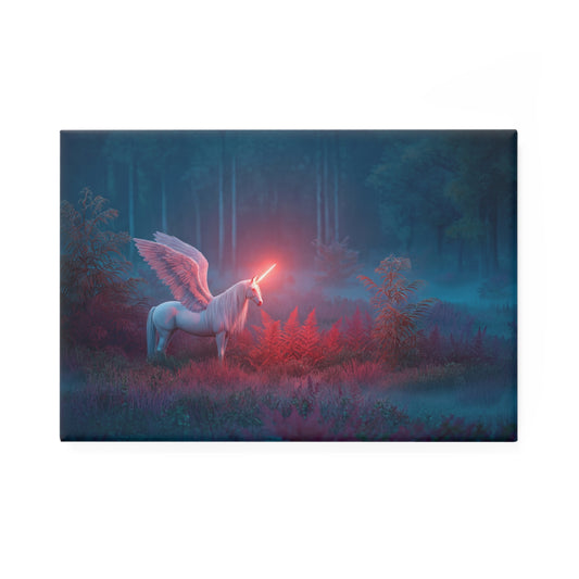 Winged Unicorn in Twilight Meadow Button Magnet, Rectangle (1 & 10 pcs) – Crimson Glow Guardian