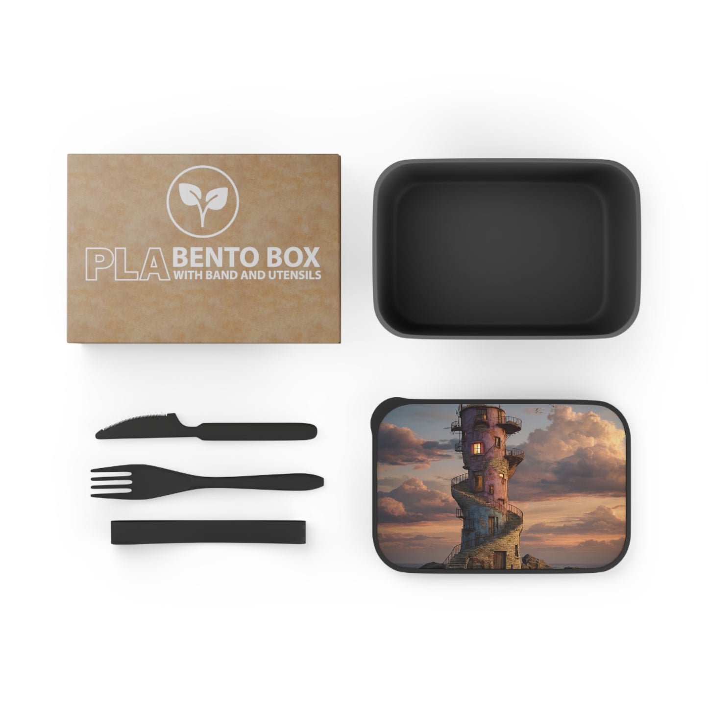 Twilight Lighthouse Tower PLA Bento Box with Band and Utensils – Keeper’s Quiet Watch