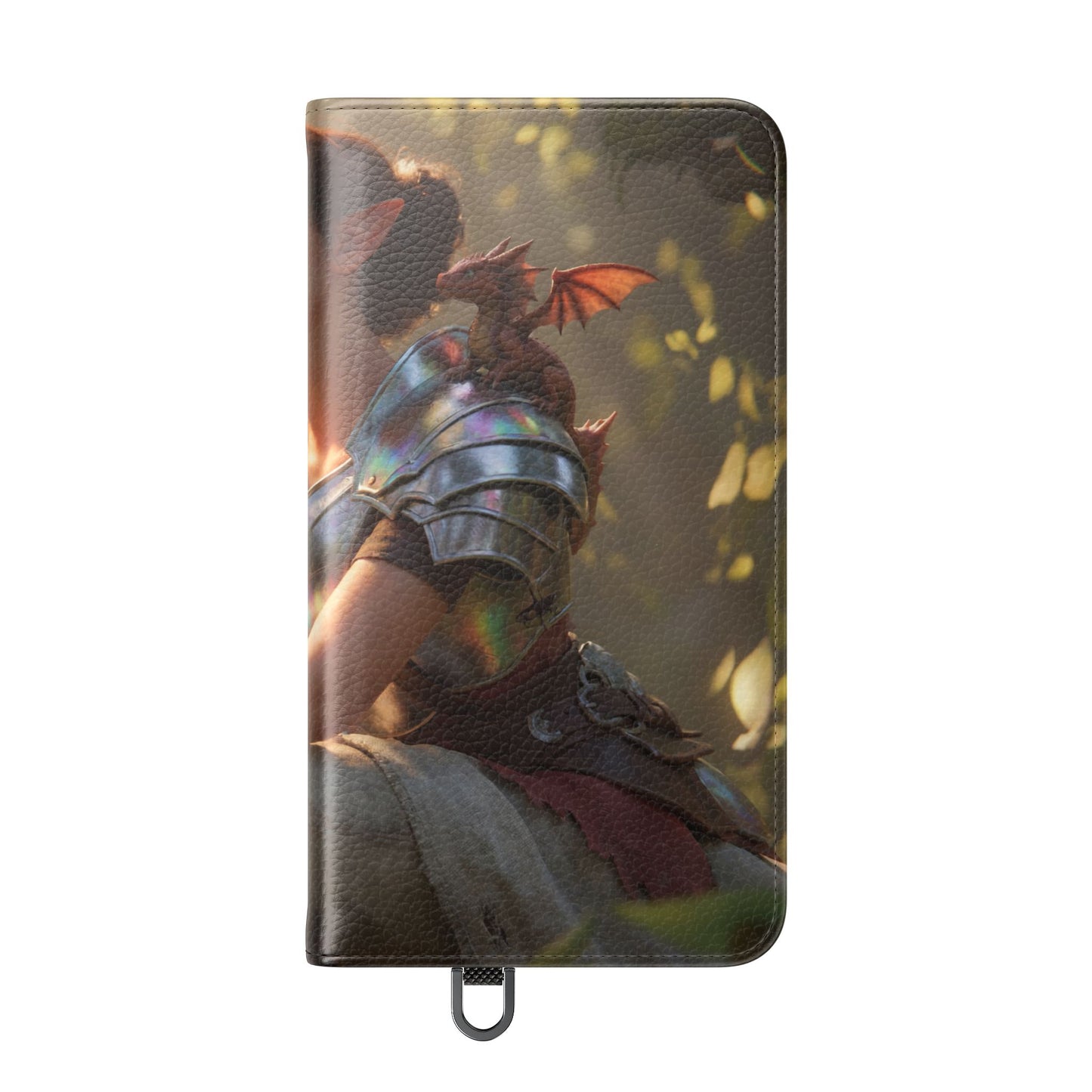 Elven Knight with Dragon Flip Cases – Iridescent Armor & Tiny Guardian Portrait