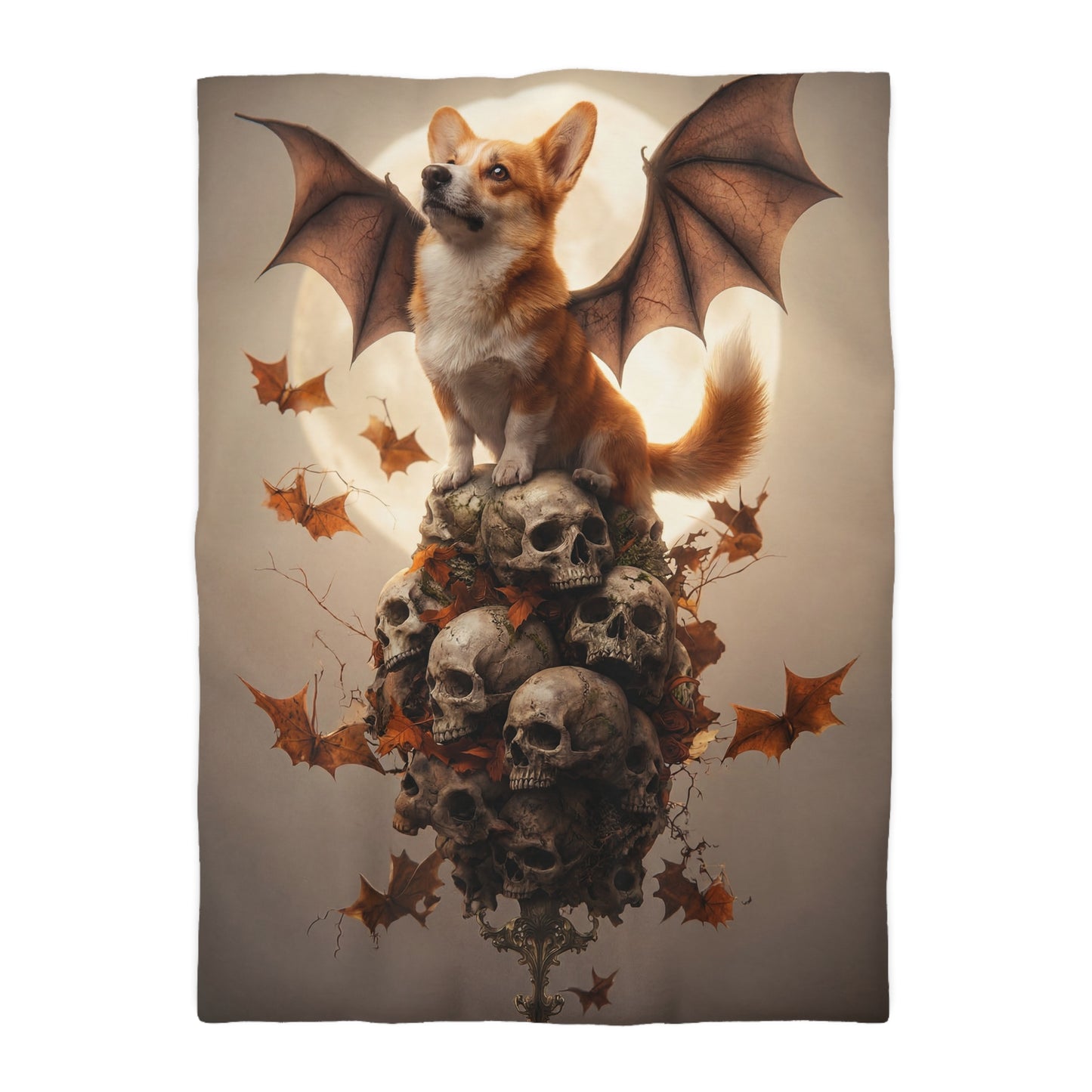 Winged Corgi Over Skulls Duvet Cover – Autumn Moonlight Sentinel