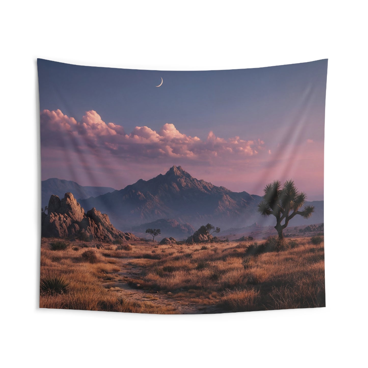 Desert Moonrise Wall Tapestry – Whispering Path Through Joshua Tree Canyon