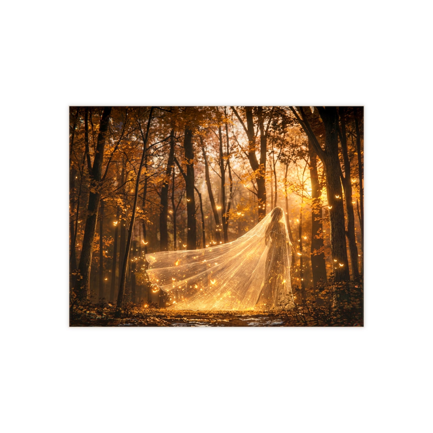 Veiled Wanderer Ceramic Photo Tile – Golden Twilight Forest Awakening
