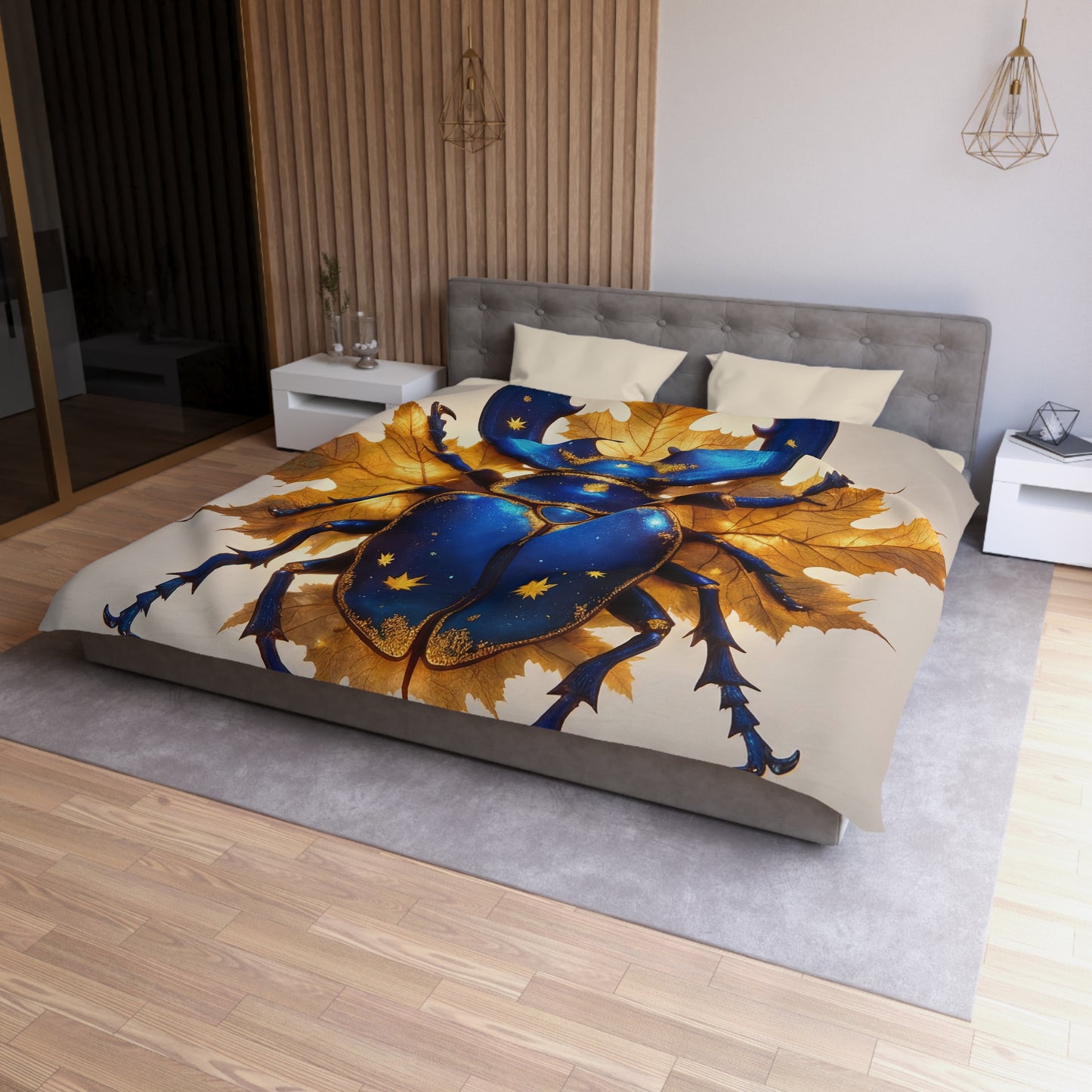 Celestial Beetle Microfiber Duvet Cover – Night Sky Guardian on Maple Leaves
